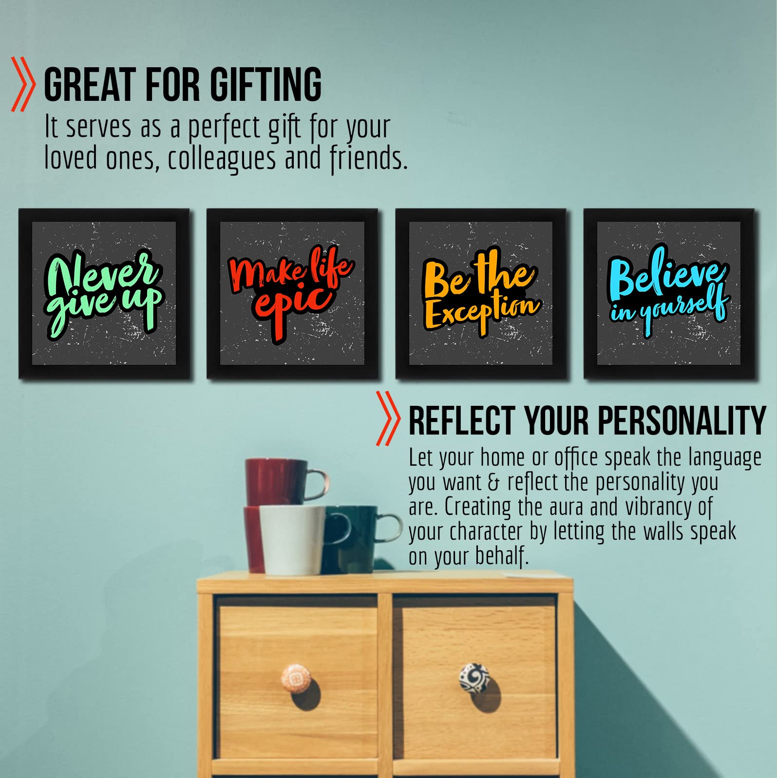 Interio Crafts Synthetic Wood Home Decor Never Give Up Motivational Short Quotes Framed Poster For Office Wall Decor, Set Of 4 I