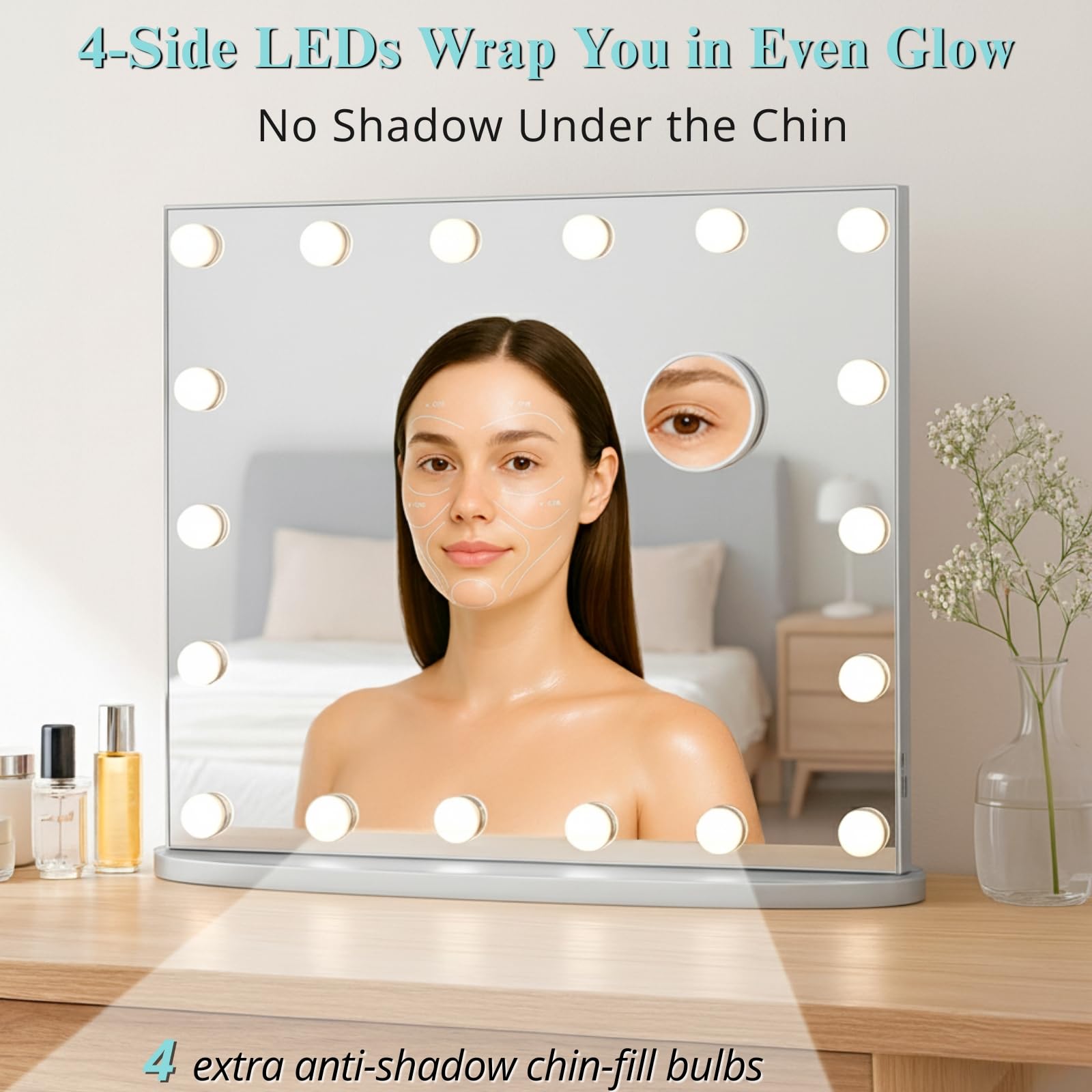LUXFURNI Hollywood Vanity Mirror with Lights, 23.6  Light Up Makeup Mirror with 18 LED Bulbs for Bedroom, 3 Color Lighting Modes