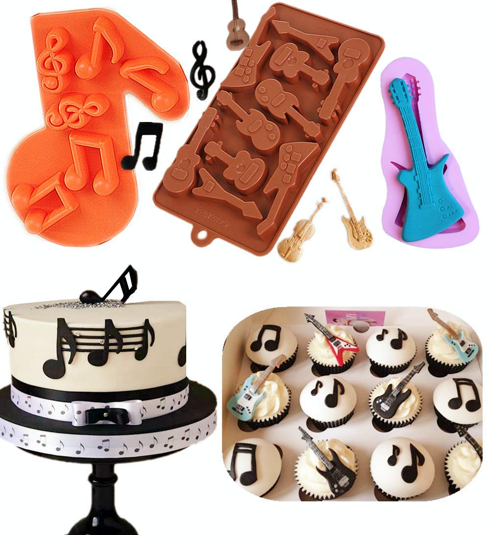 Jevenis 3 Pcs Music Note Fondant Mold Guitar Mold Guitar Cake Toppers Rock Cupcake Topper For Kids Birthday Musician Party Baby