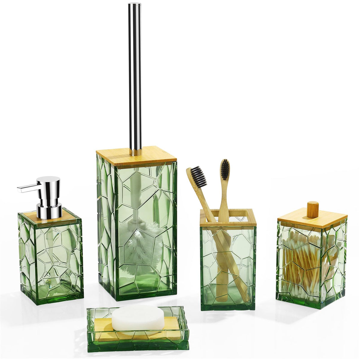 Gahefy Sage Green Bathroom Accessories Set, Toothbrush Holder, Soap Dispenser, Cotton Swabs Holder, Soap Dish, Toilet Brush With