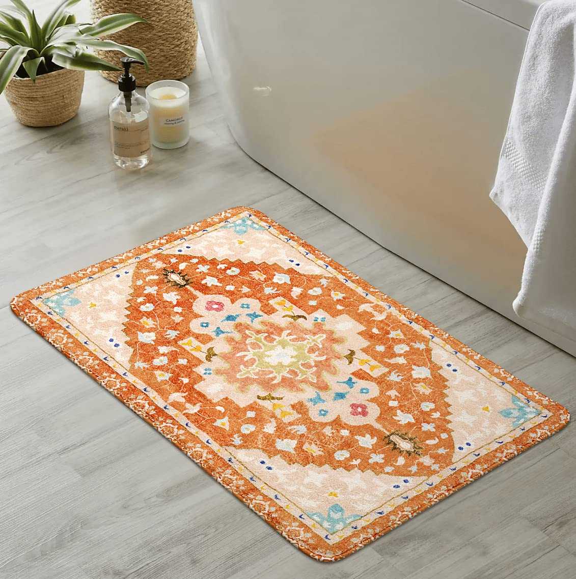 Uphome Boho Tribal Bathroom Rugs Orange Cute Floral Bathroom Mat Non-Slip Machine Washable Bath Rug Soft Oriental Bath Mats For