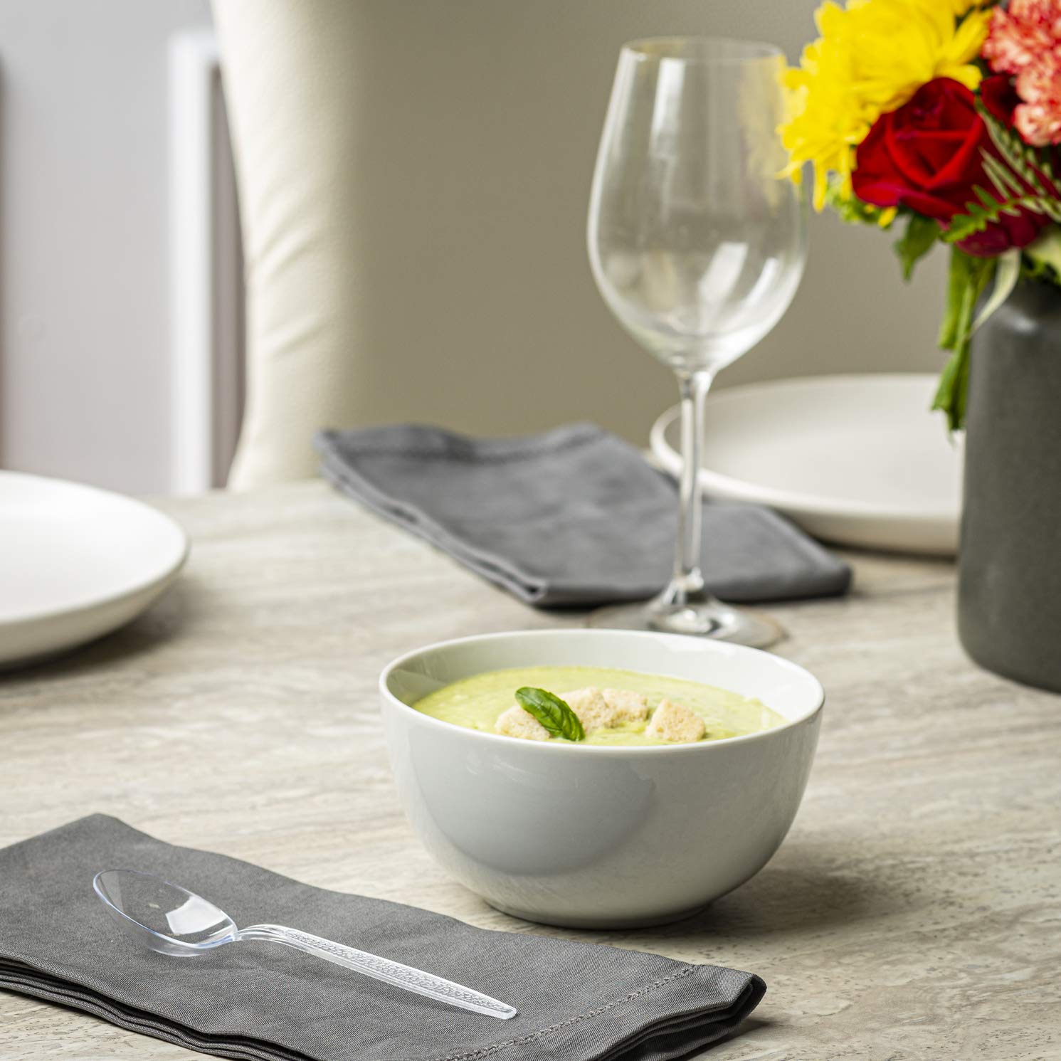 Comfy Package, [100 Pack] Heavyweight Disposable Clear Plastic Soup Spoons - Engraved Design