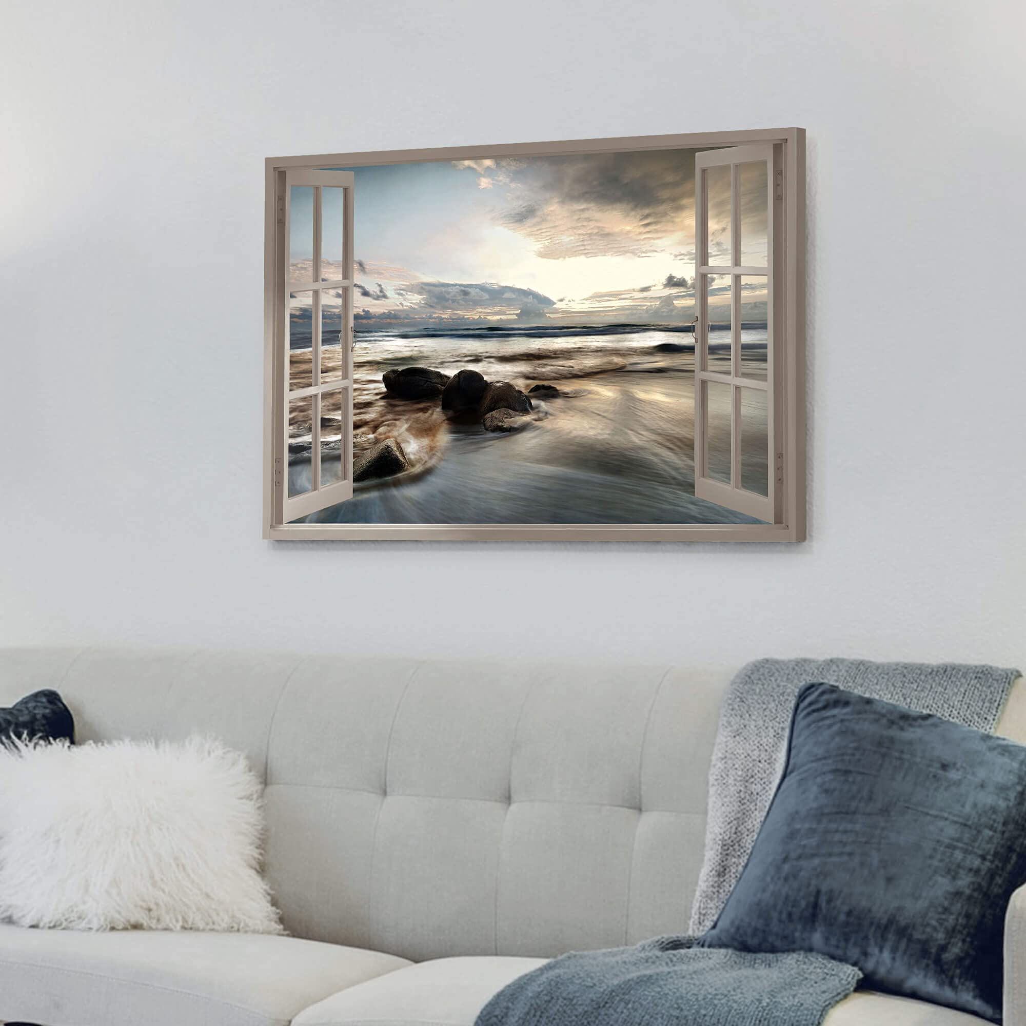 SunFlax Ocean Open Window Canvas Art - Sunset Beach Seascape, 36L x 24W, Modern Nature Landscape for Bedroom & Living Room