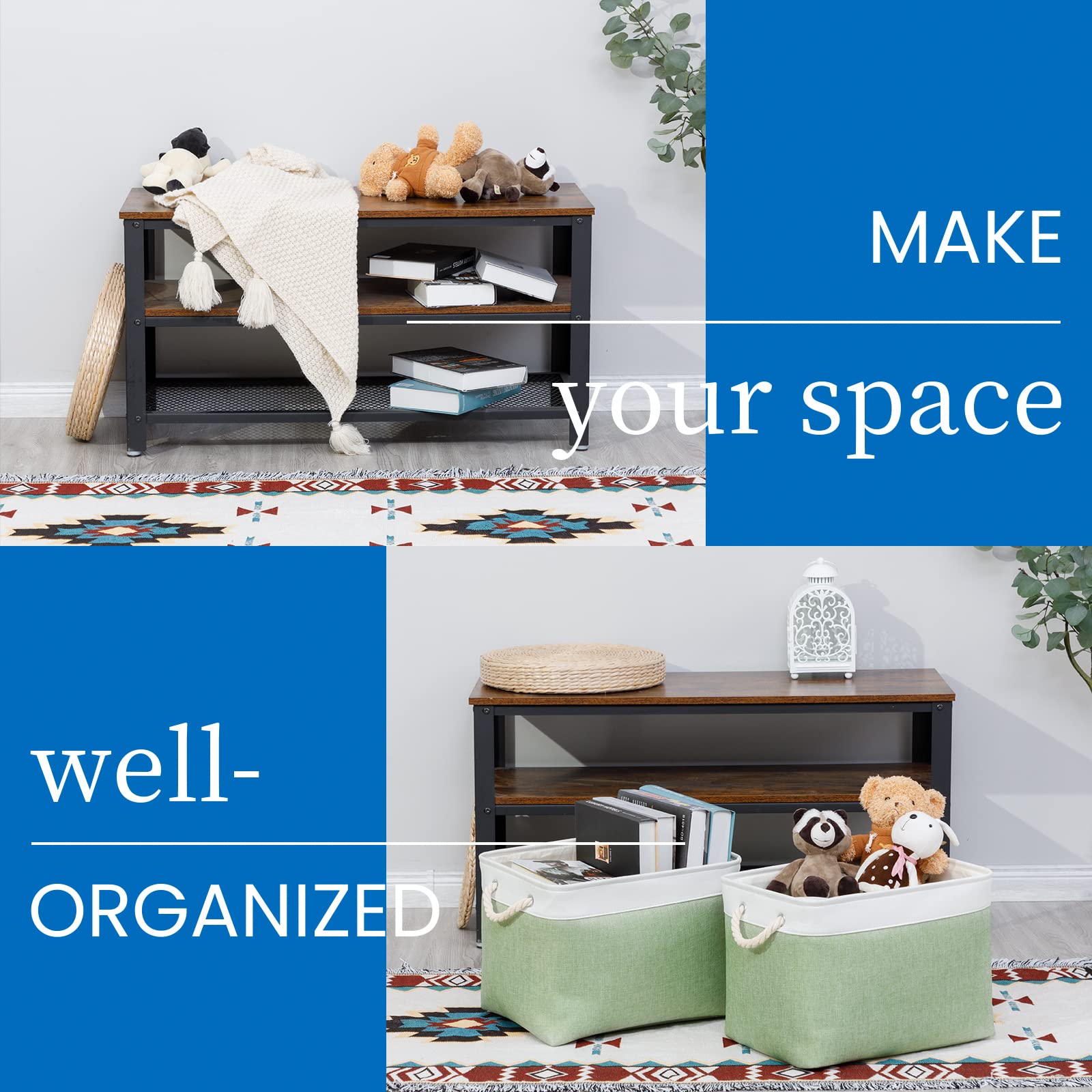 Bidtakay Baskets Fabric Closet Organizer Set Of 2 Green Collapsible Storage Bins With Handles 16X12X12 In Large Decorative Tall