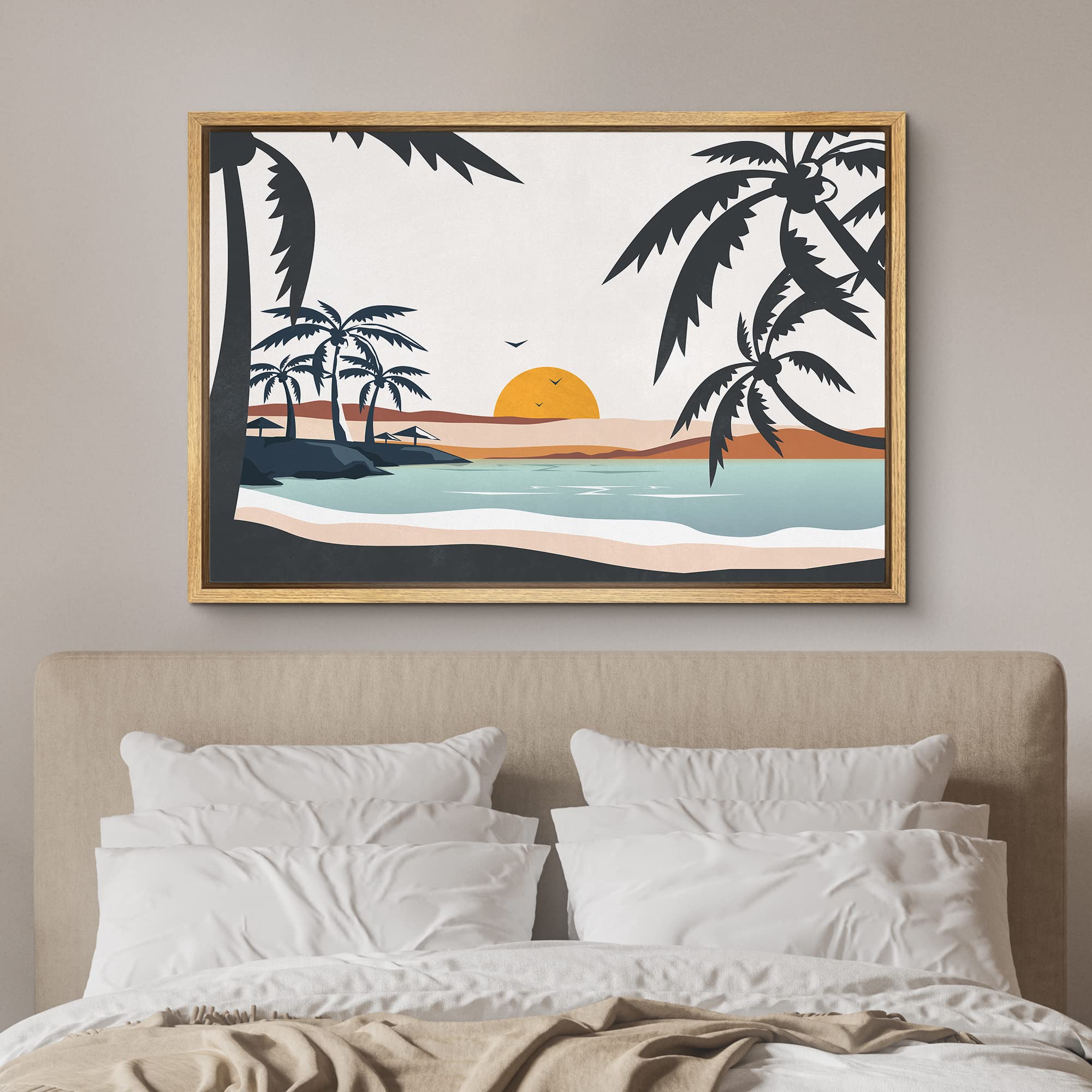 Signford Framed Canvas Print Wall Art Pastel Ocean Sunshine Sunset Horizon Nature Wilderness Illustrations Modern Art For Living