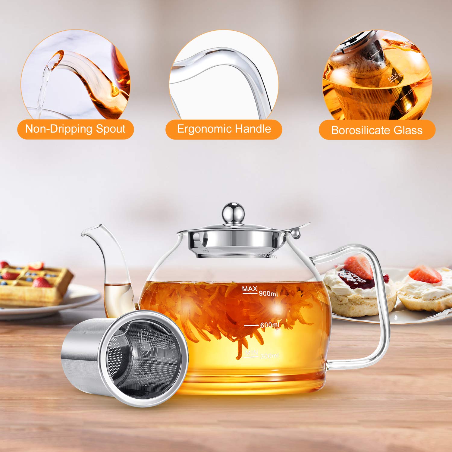 Stntus Glass Teapot, 40 Oz. / 1200 Ml For Loose Tea, Glass Teapot With Infusers For Loose Tea, Tea Pot For Stove, Teapot With St