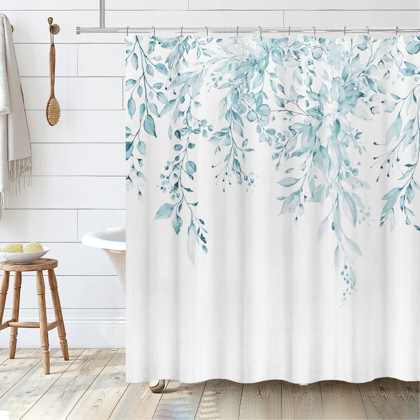 Tititex Spun Sugar Light Blue Eucalyptus Shower Curtain Sets, Bright Watercolor Leaves On The Top Plant With Floral Bathroom Dec