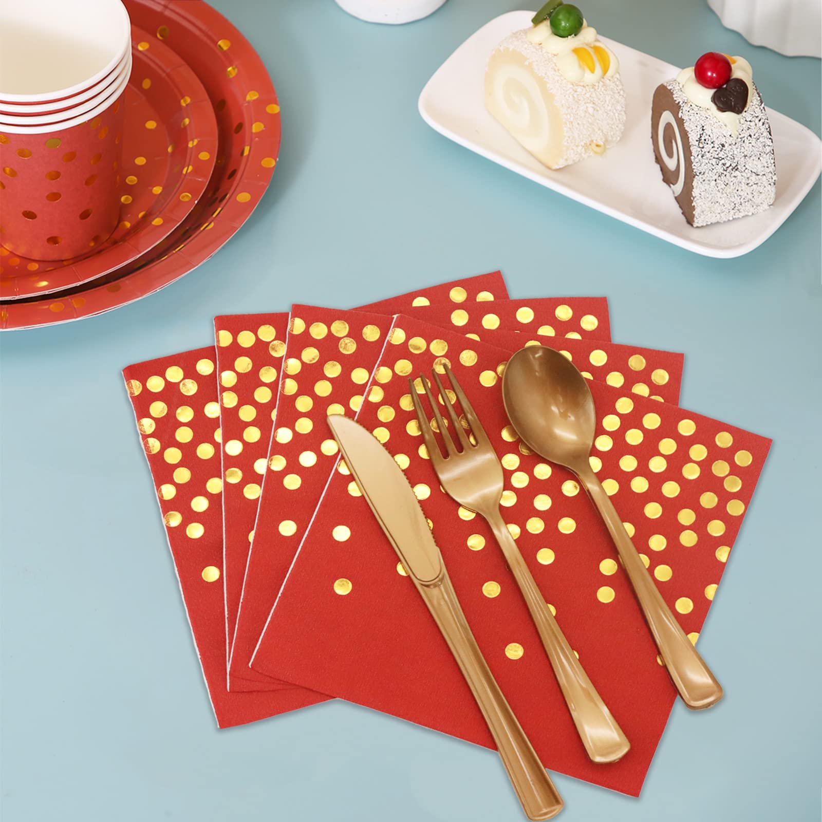 Gudvilla 168Pcs Red And Gold Party Decorations, Red Plates And Napkins Serve 24, Red Paper Plates, Red And Gold Plates For Birth