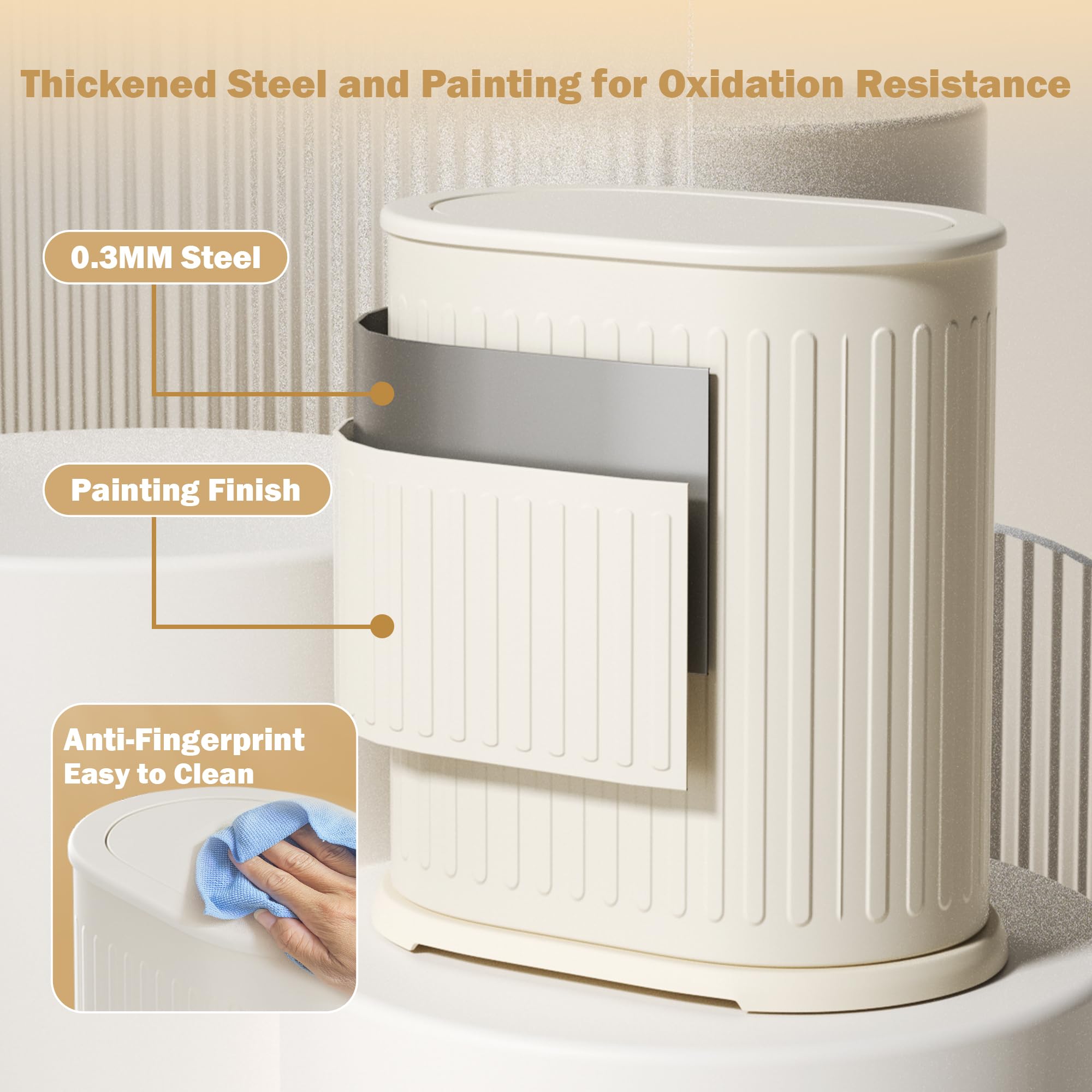 Qinofen Stainless Steel Small Bathroom Trash Can With Pop Up Lid 9L/2.4 Gallon Metal Waste Basket With Removable Liner Bucket,Sl