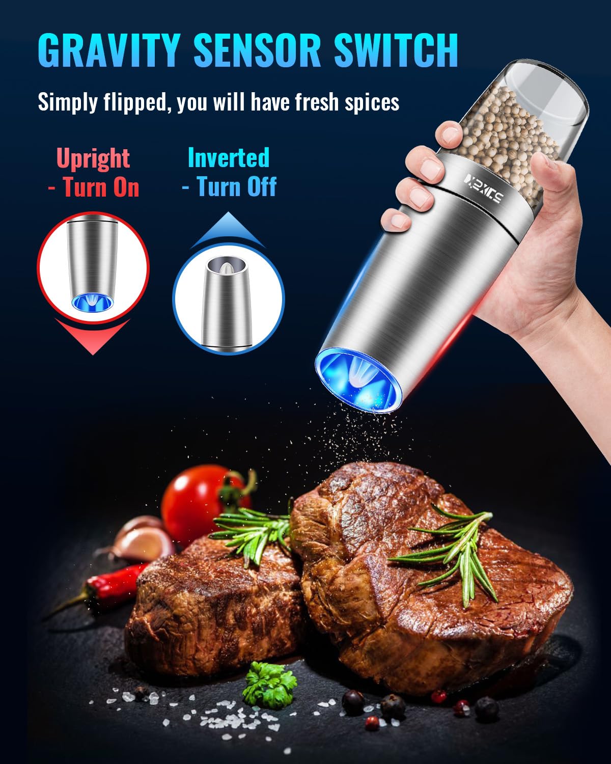XinXu Gravity Electric Pepper/Salt Grinder, Salt and Pepper Mill & Adjustable Coarseness, Battery Powered with LED Light, One Ha
