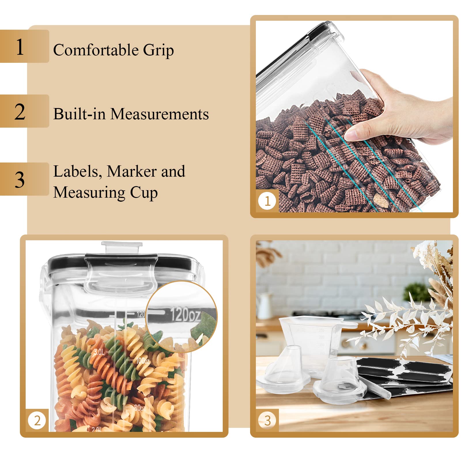 Praki Cereal Containers Storage Set (4L,135.2 Oz), 4Pcs Airtight Food Storage Containers With Pour Spout For Kitchen & Pantry Or