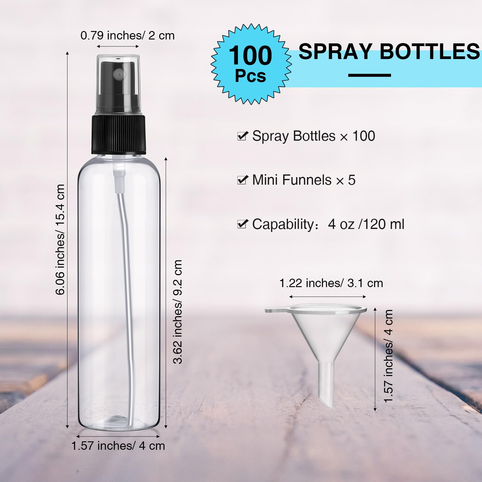 Layhit 100 Pcs Small Spray Bottles 4 Oz/120Ml Clear Plastic Spray With 5 Pcs Small Funnels Mini Empty Fine Mist Bottles For Esse