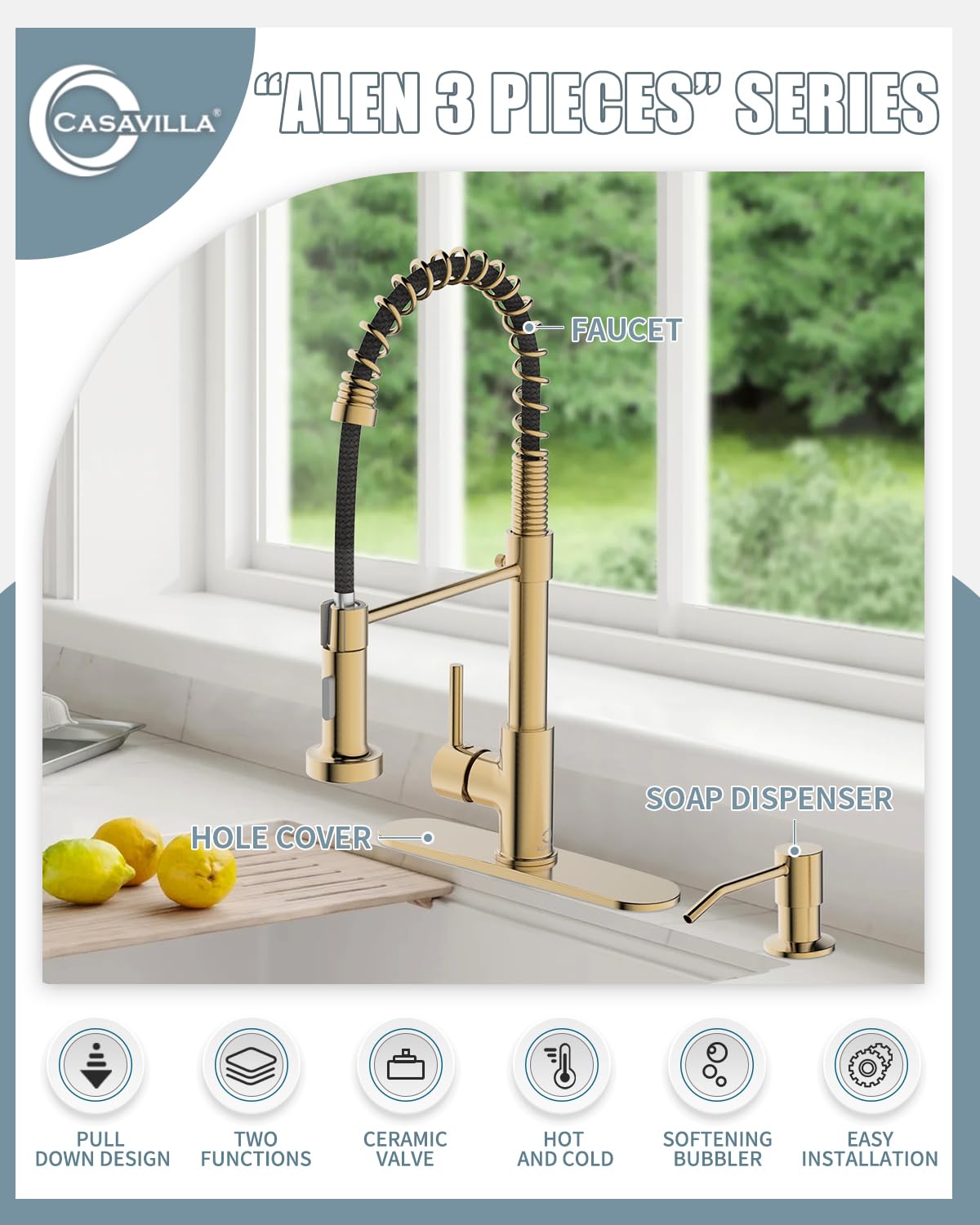 Kitchen Faucet, Brushed Gold Kitchen Faucet With Soap Dispenser And Deck Plate, Faucet For Camper Farmhouse Rv Kitchen Sink, Sin