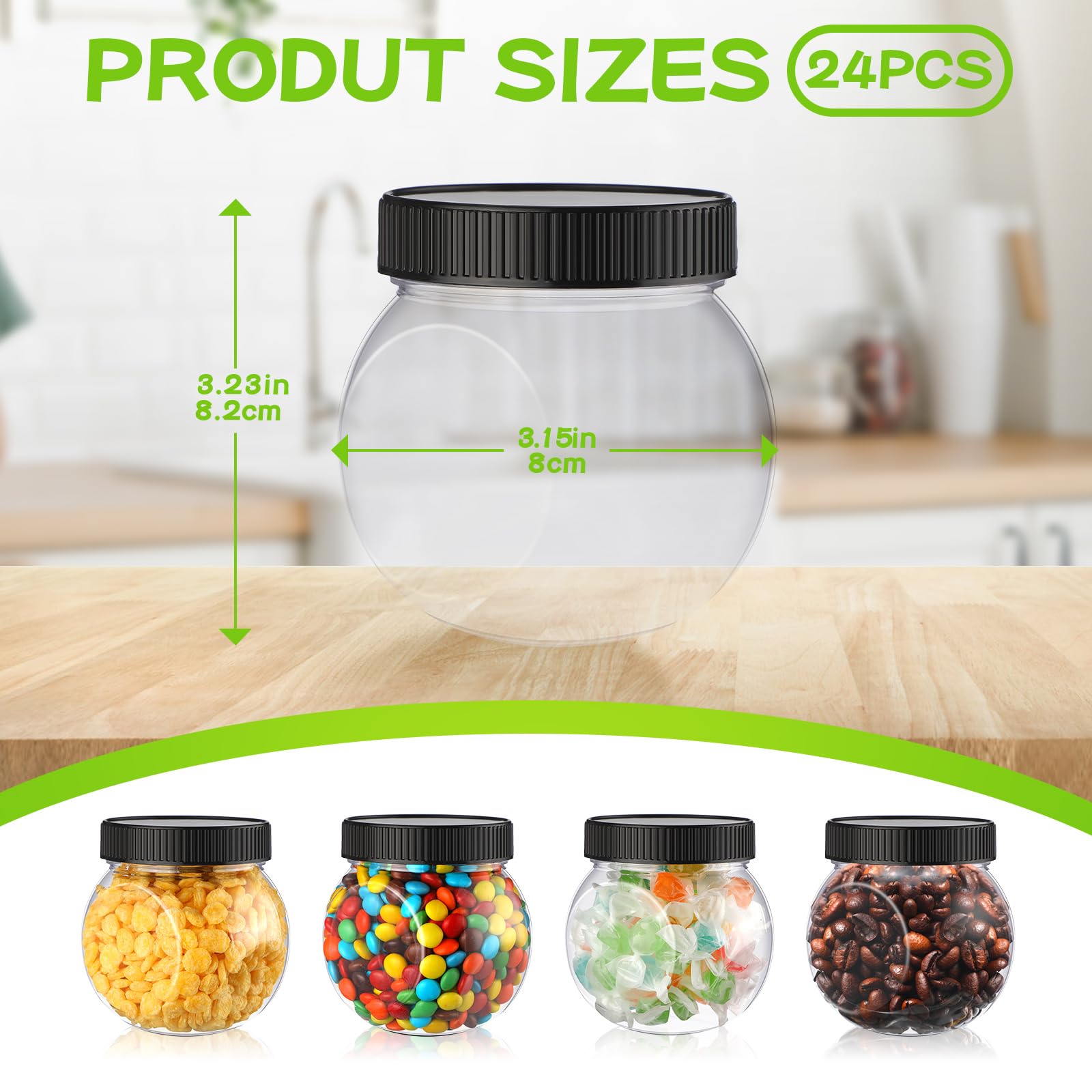 Tradder 24 Pcs Plastic Candy Jars With Lids 8.5 Oz Side Cookie Jar Bulk Kitchen Counter Clear Cookie Container Wide Mouth Candy
