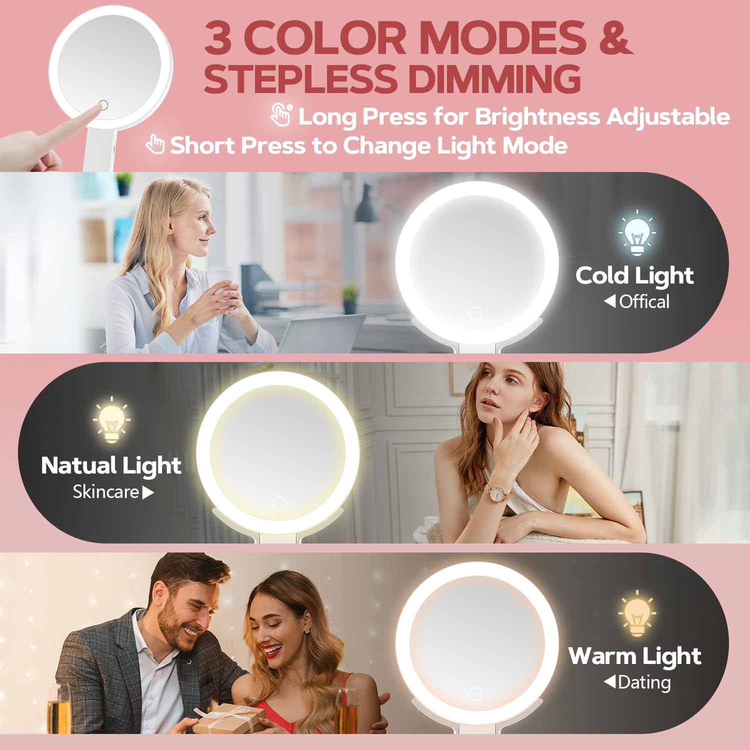 Miyadiva Lighted Makeup Mirror, 30X Magnifying Mirror With Light And Adjustable Brightness, Hanging And Handheld Mirror With Han