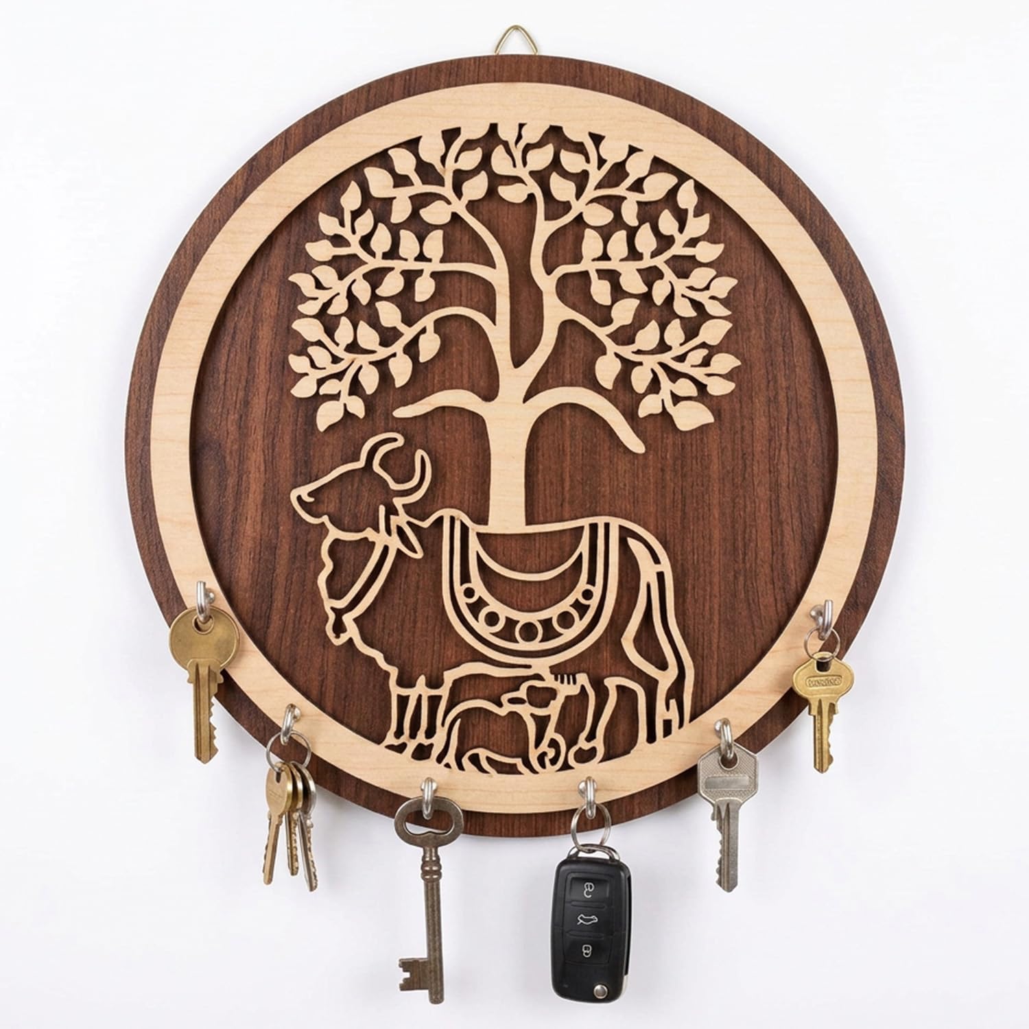 SOLOBOLO Kamdhenu Cow with Calf (Vasu) Wall Keychain Holder for Home Entrance, Wooden Key Holder for Wall, Decorative Key Hanger