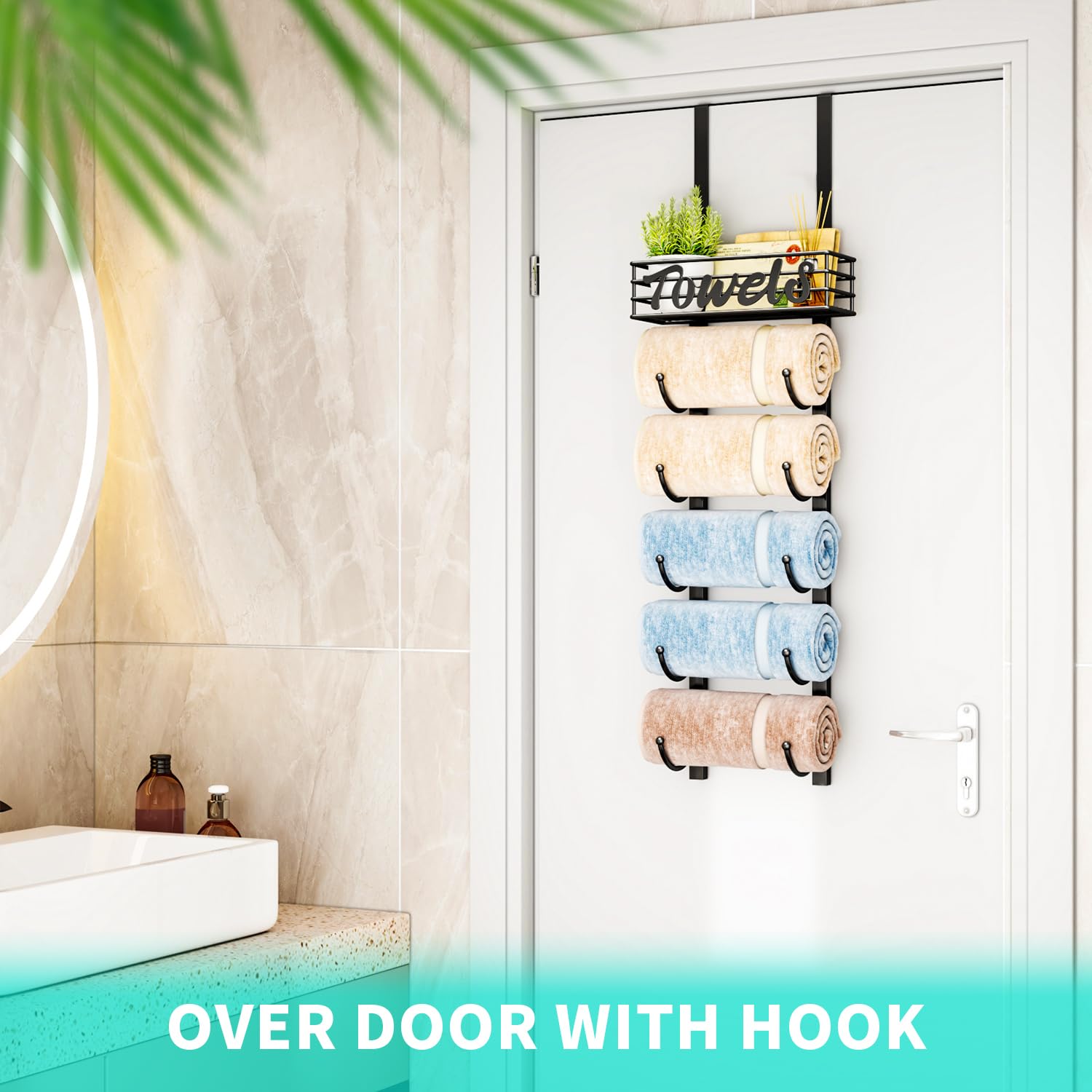 Hapirm 6-Tier Over The Door Towel Racks For Bathroom - Wall Mount Towel Holder With Metal Shelf Basket - Rolled Towel Storage Do