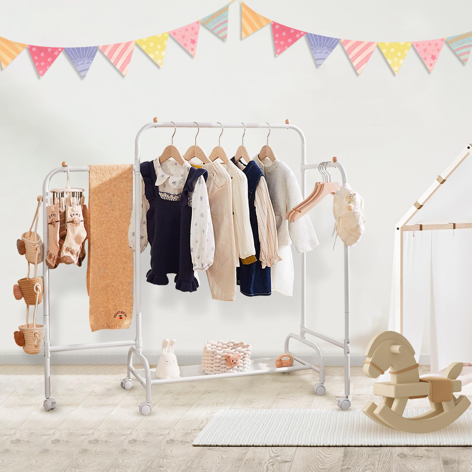 YGJT Multifunctional Kids Clothing Rack, Baby Garment Rack for Hanging Clothes with Wheels and Bottom Storage Shelf, Small Cloth