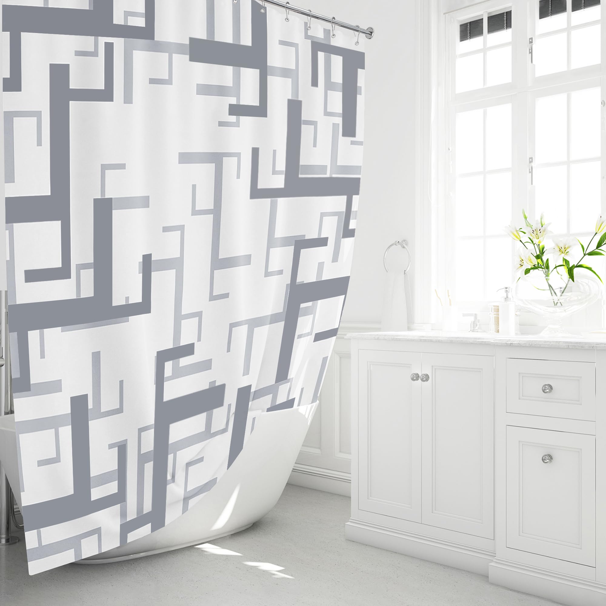 BTTN Grey/Gray Shower Curtain  Geometric Fabric Shower Curtain Set with 12 Plastic Hooks  Water Repellent  Machine Washable  Abstract Modern Decorative Thick Cloth Shower Curtains for Bathroom  72x72