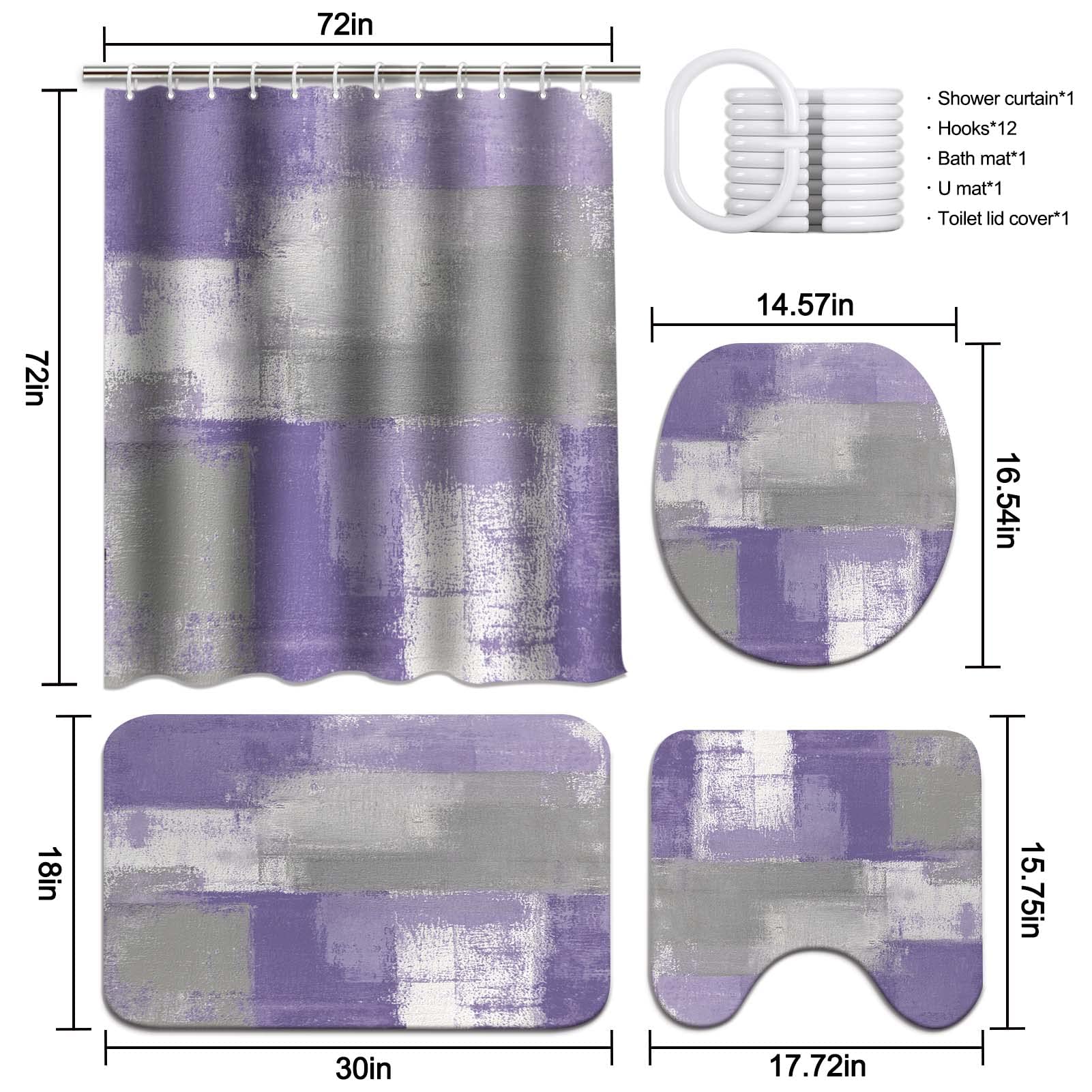 Lnond 4Pcs Purple Bathroom Shower Curtain Sets With Rugs, Purple And Grey Painting Art Bathroom Sets With Shower Curtain And Rug