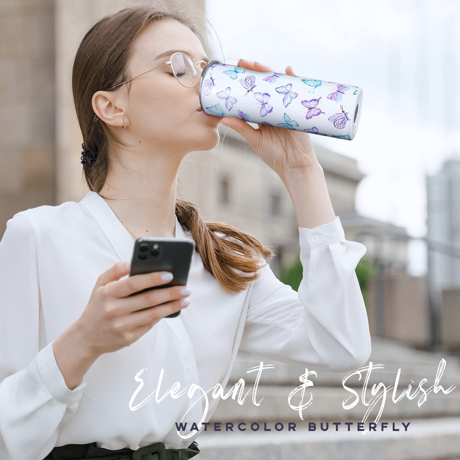 Mofvugz Butterfly Tumbler With Lid And Straw, Butterfly Gifts For Women, Purple Butterflies Cup Water Bottle Coffee Mug, Metal T