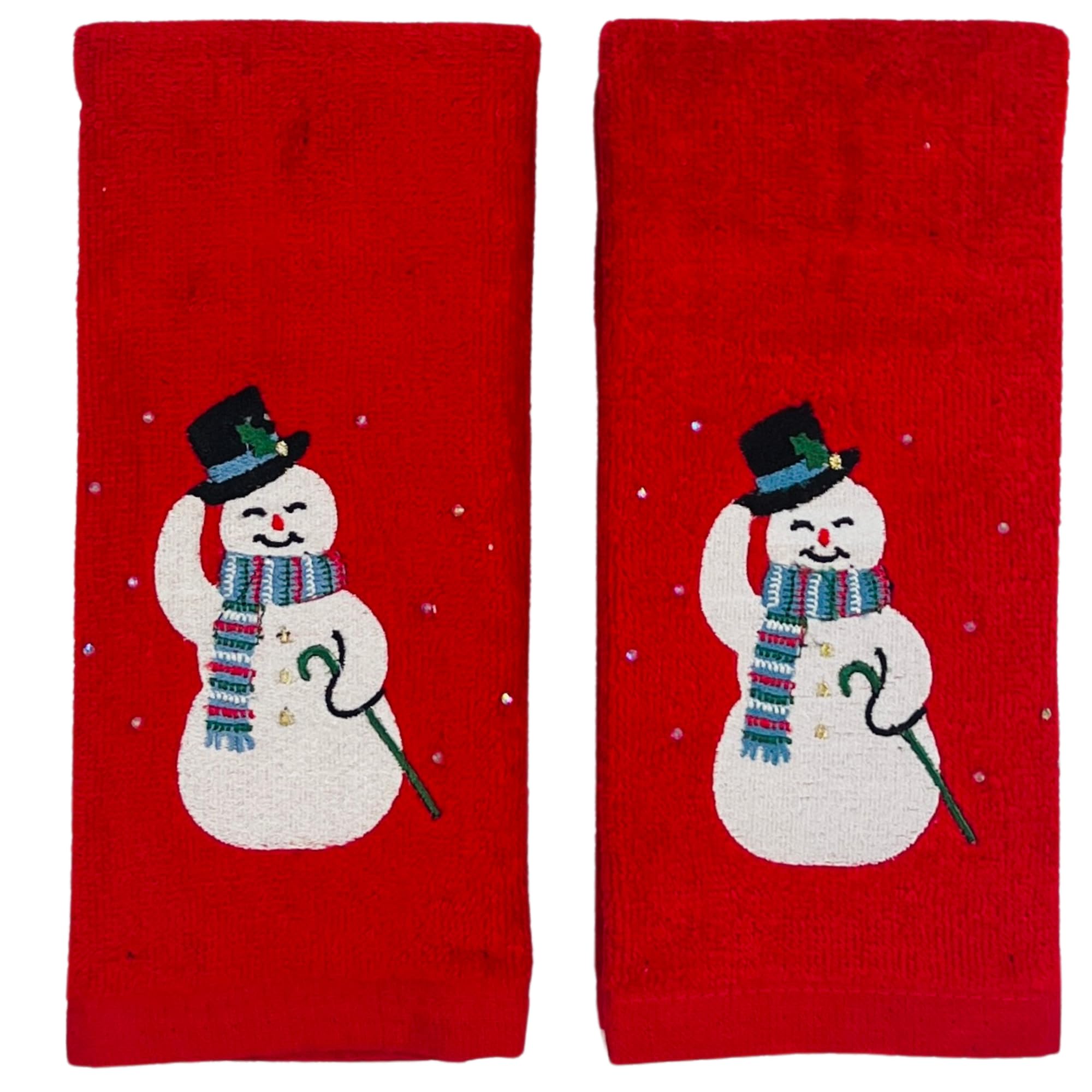 Serafina Home Holiday Christmas Bath Fingertip Towels, Embroidered Cheery Old Fashioned Retro Snowman With Stitched Hem, 2 Piece