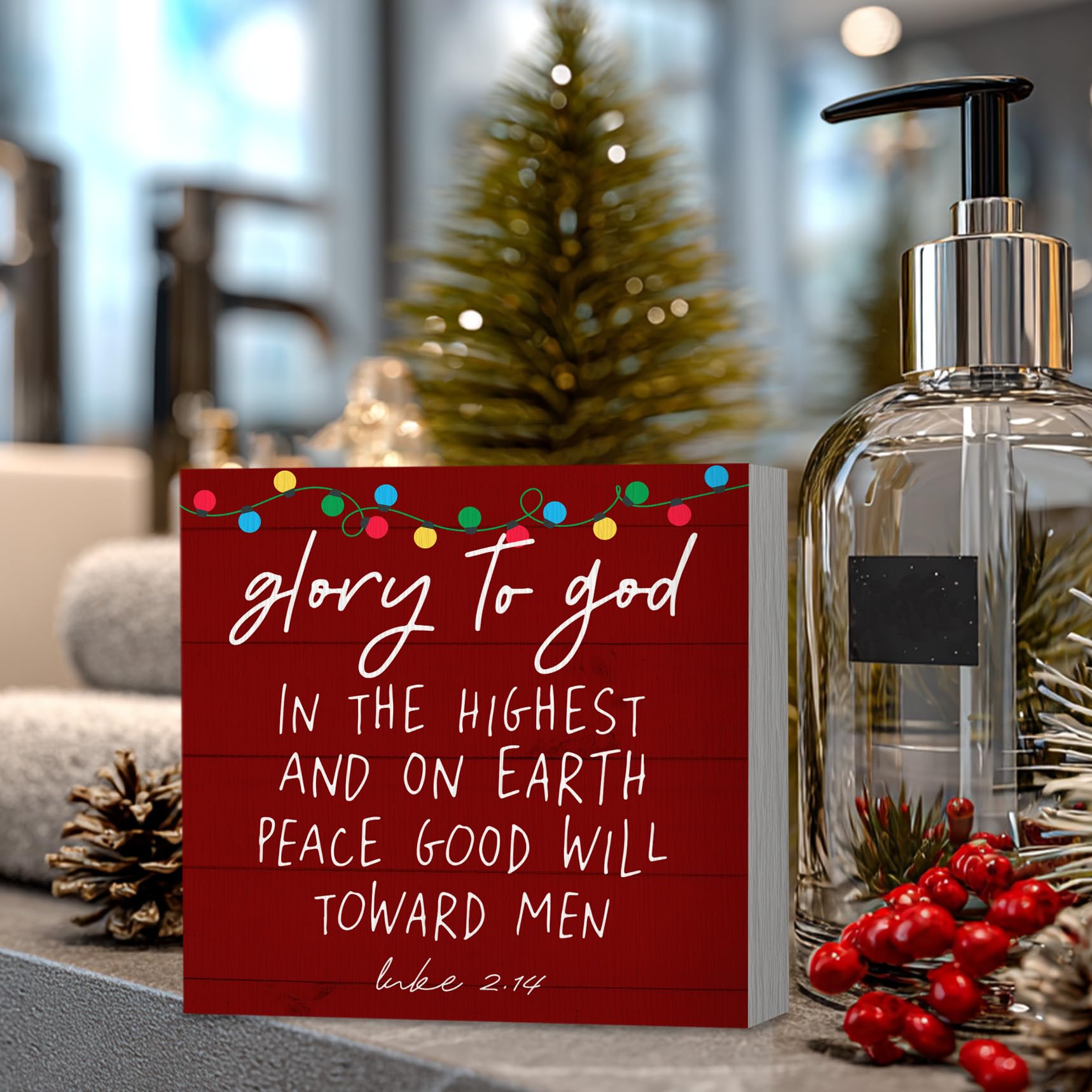 ANIANG Christian Christmas Wooden Box Sign, Bible Verse Decor, Scripture 'Glory to God in The Highest' Wood Block Box Sign Plaqu