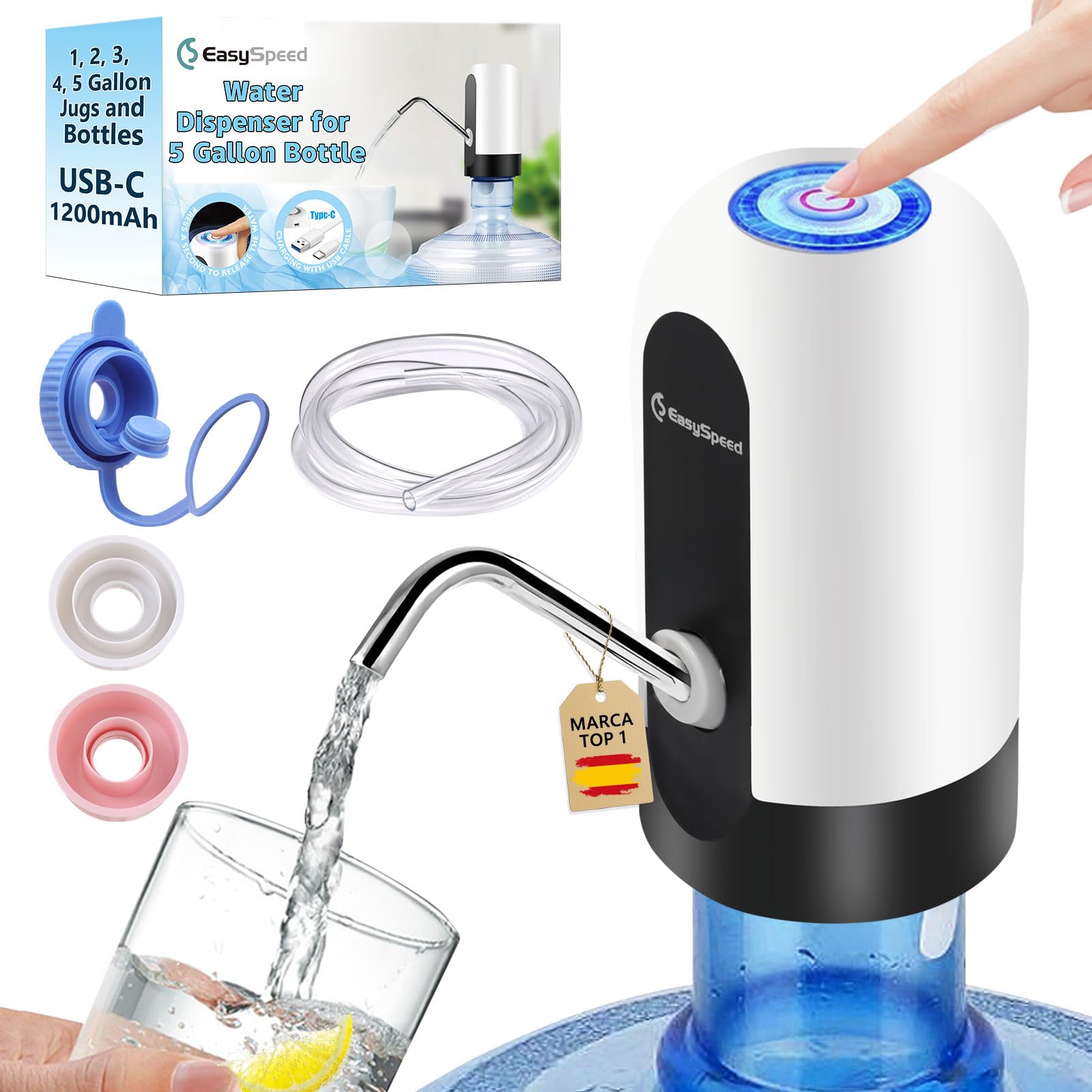 Water Dispenser for 5 Gallon Bottle, Portable Electric Water Pump with 3 Adapters (1, 2, 3, 4, 5 Gallon Jugs and Bottles), USB-C