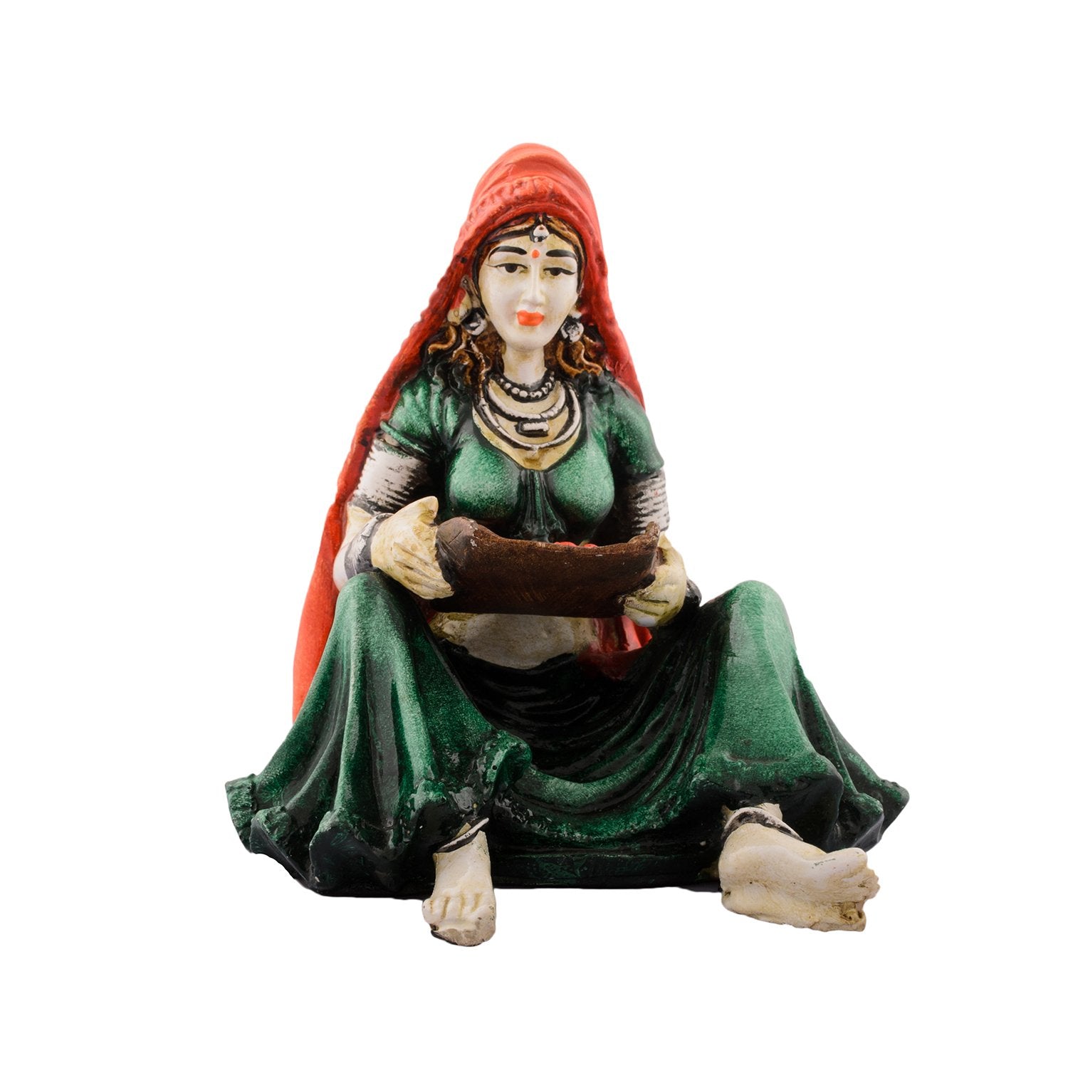 Ecraftindia Rajasthani Lady Showpiece Polyresin Statue (12.5 Cm X 11.25 Cm X 15 Cm, Green And Orange)