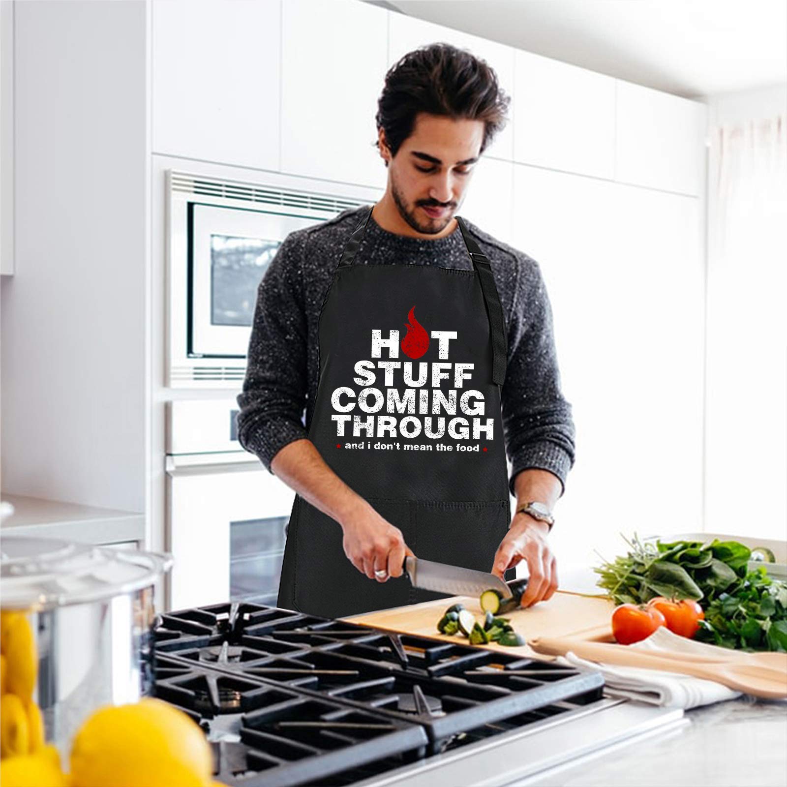 Rosoz Funny BBQ Black Chef Aprons for Men  Hot Stuff Coming Through  Adjustable Kitchen Cooking Aprons with Pocket Waterproof Oil Proof Valentine's Day/Birthday