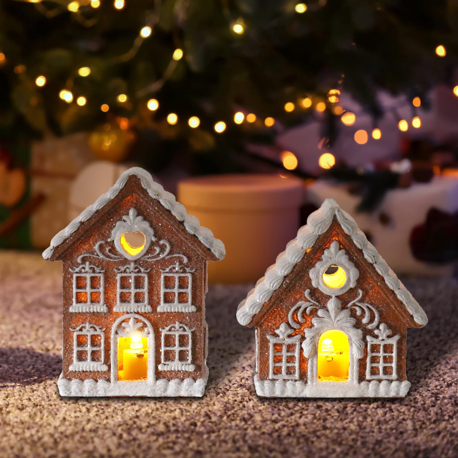 Braxio Indoor Christmas Decorations Gingerbread House Kit 2PCS with LED Light - 3 Inch Miniature Resin Houses for Indoor Home De