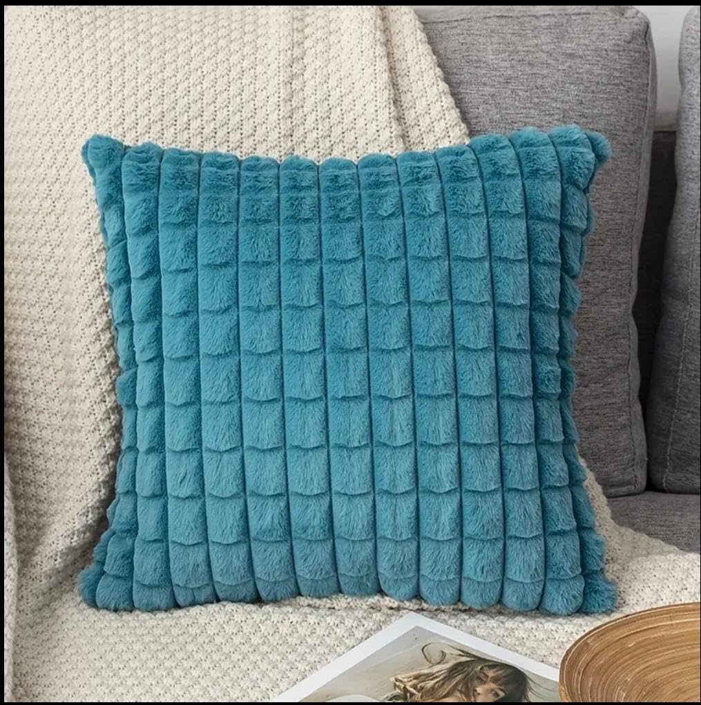 Monkdecor (O.F) Blue Faux Fur Cozy Soft Plaid Decorative Throw Pillow Covers 16X16 Inch Set Of 1,Velvet Pillowcase Cushion Case 