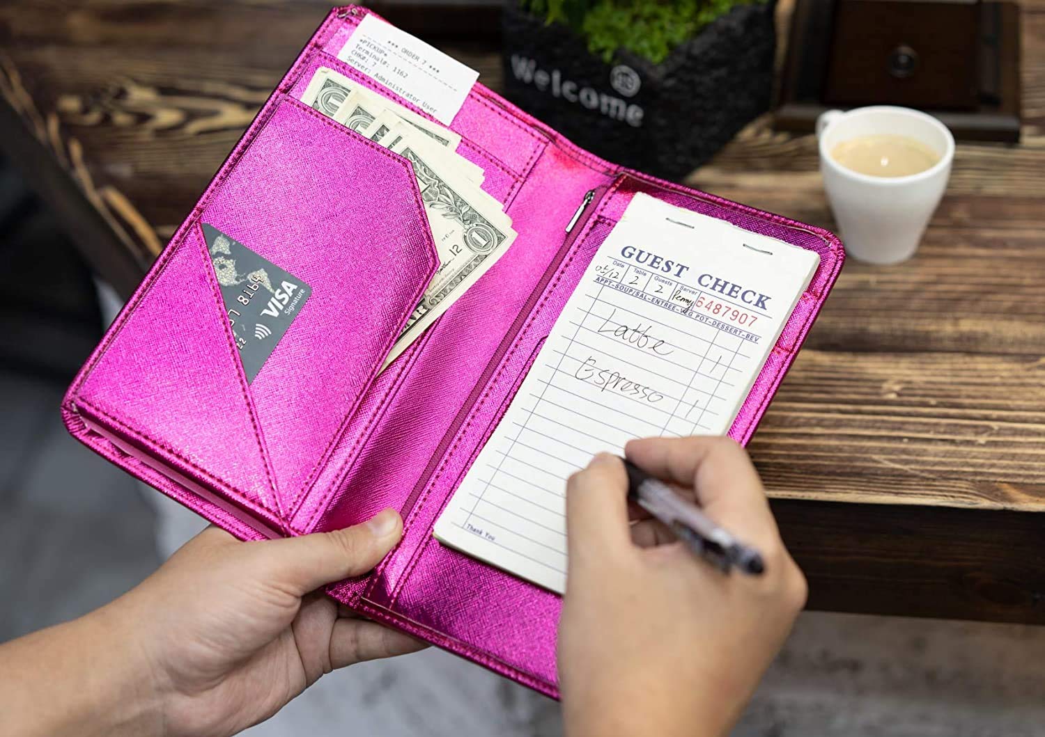 4.7 X 9 Hot Pink Server Book for Waitress Book with Money Pocket and Magnetic Closure  Restaurant Waitstaff Organizer with Zipper Pocket Fit Server Apron with High Volume Pocket