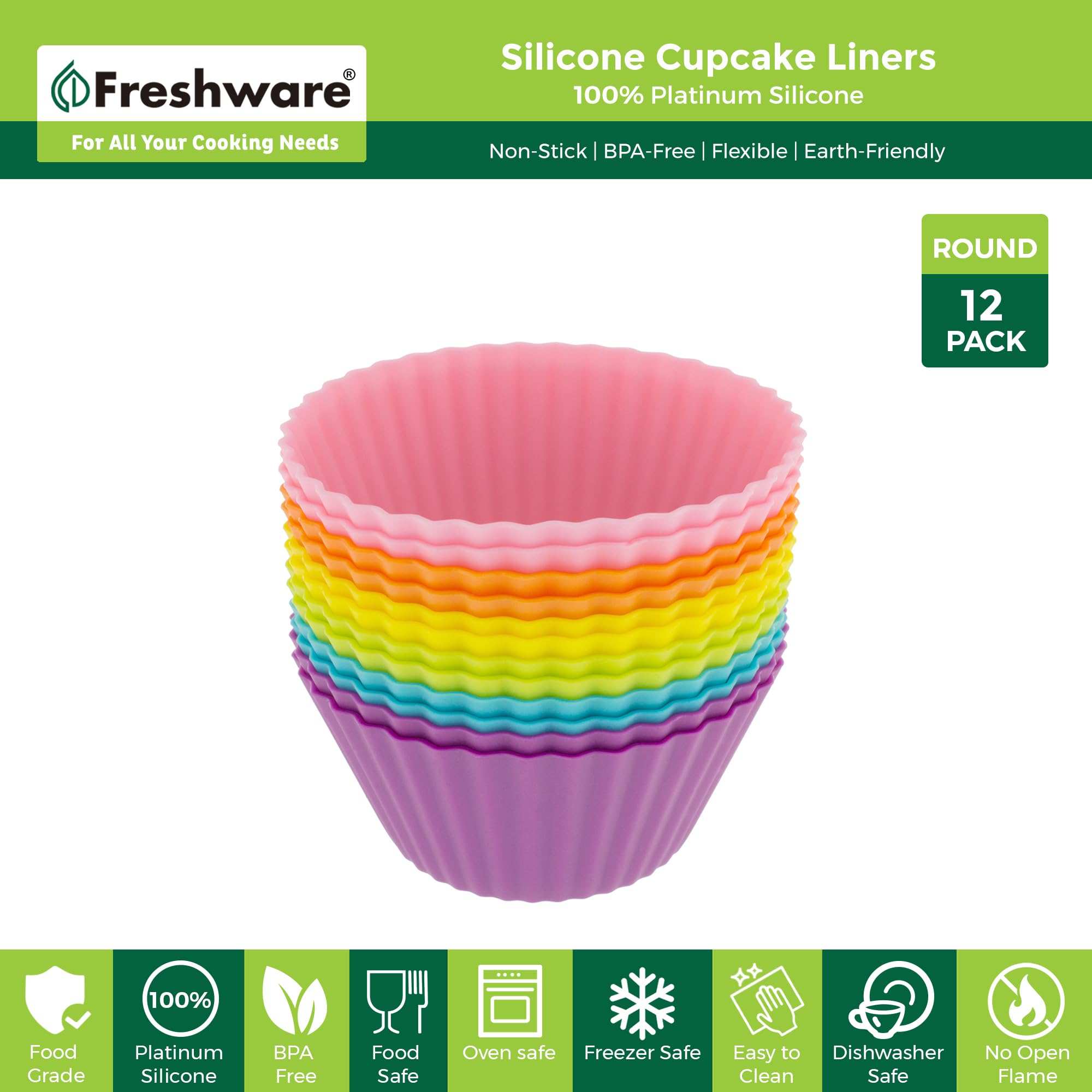 Freshware Silicone Baking Cups [12-Pack] Reusable Cupcake Liners Non-Stick Muffin Cups Cake Molds Cupcake Holder In 6 Rainbow Co