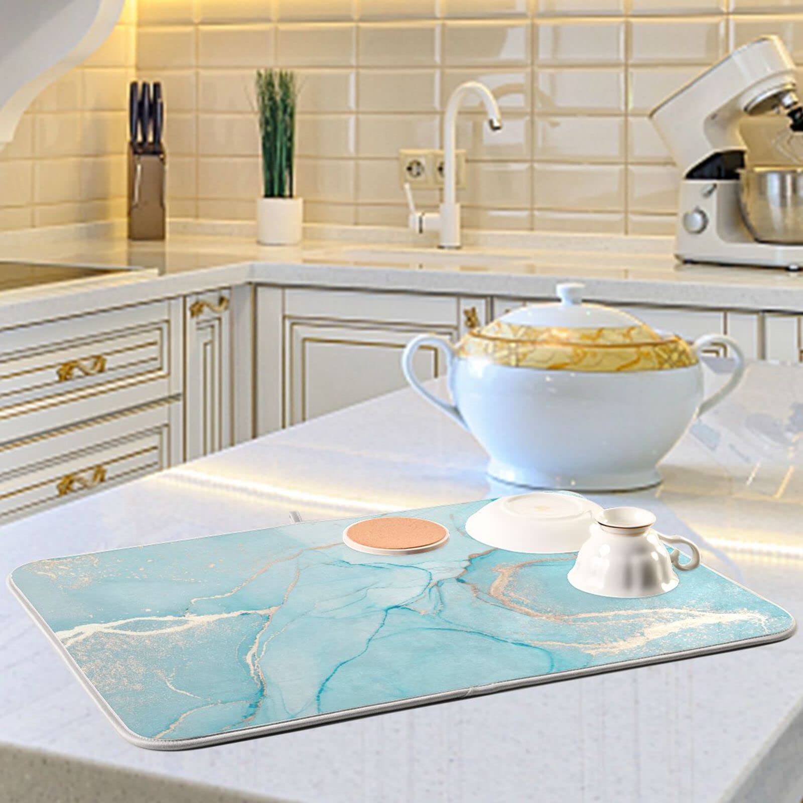Dish Drying Mat For Kitchen Counter 18X24 Inch Marble Teal Blue Dish Drying Mat Microfiber Turquoise Gold Dish Mat Drainer Rack