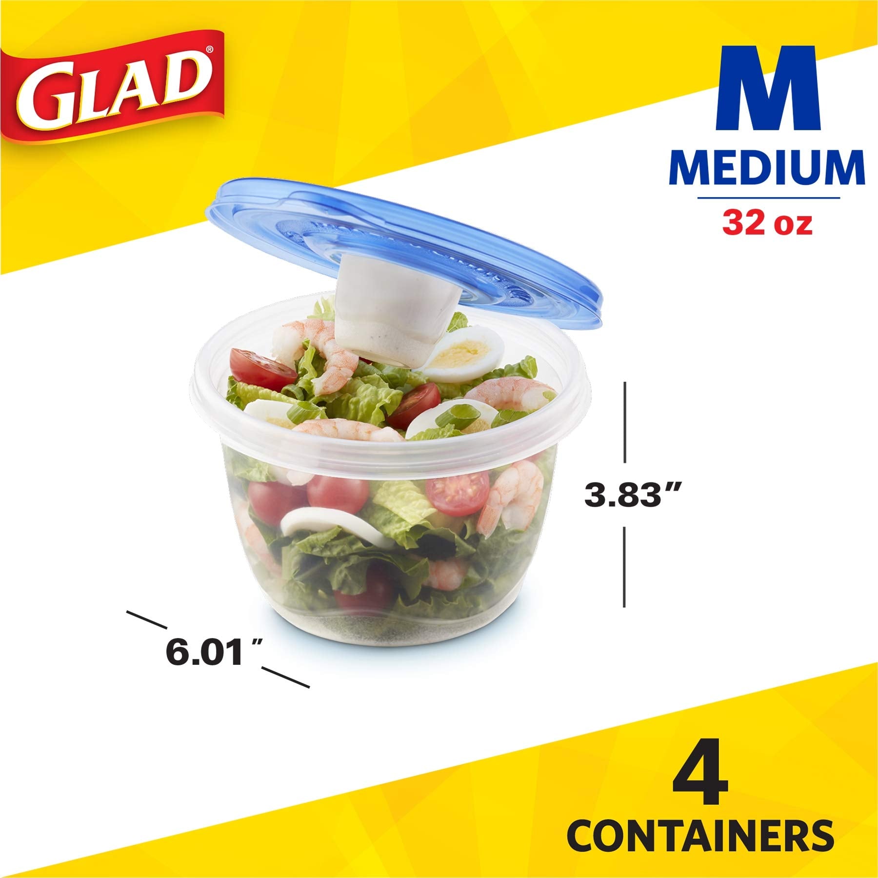 Gladware Lockware To Go Food Storage Containers | Glad Medium Size Round Food Storage That Holds Up To 32 Ounces Of Food, Solids