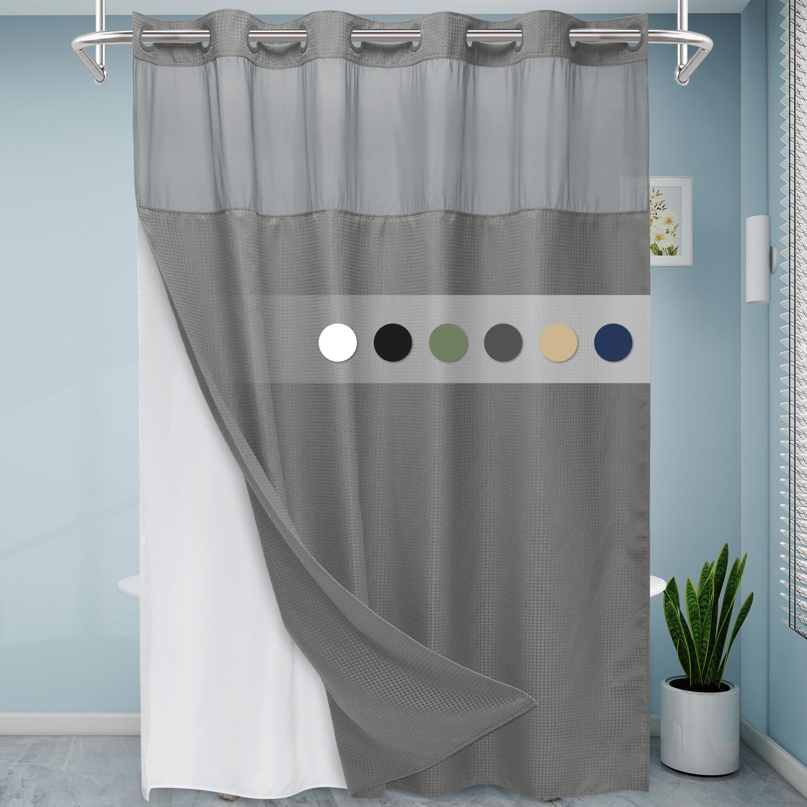 Eutxl Grey Long Shower Curtain And Liner Set - 230Gsm Waffle Weave Textured Heavy Duty,Hotel Luxury Weighted Bath Curtain,71W X