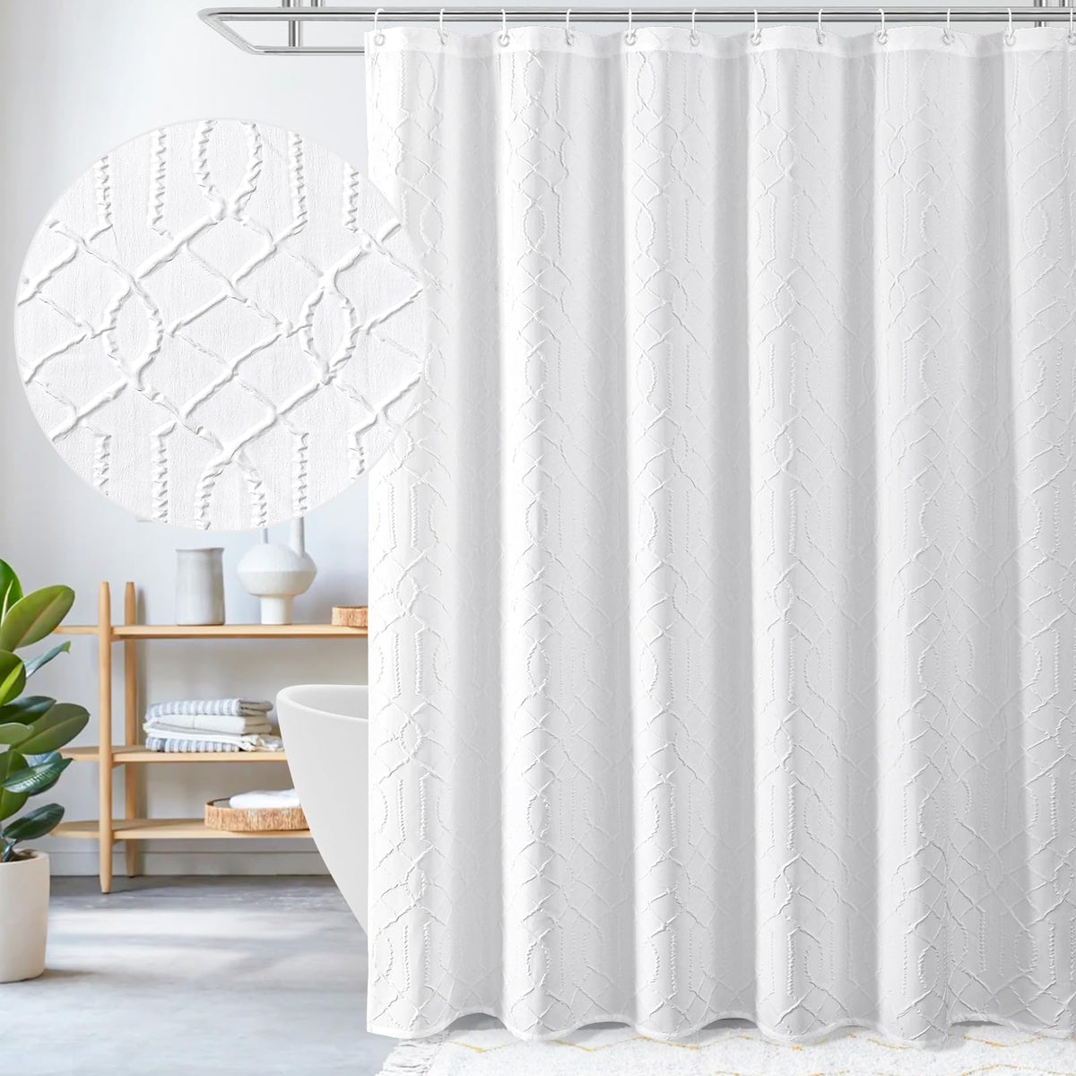 Gibelle White Shower Curtain For Bathroom, 3D Embossed Geometric Textured Fabric Shower Curtain Set With Hooks, Modern Farmhouse