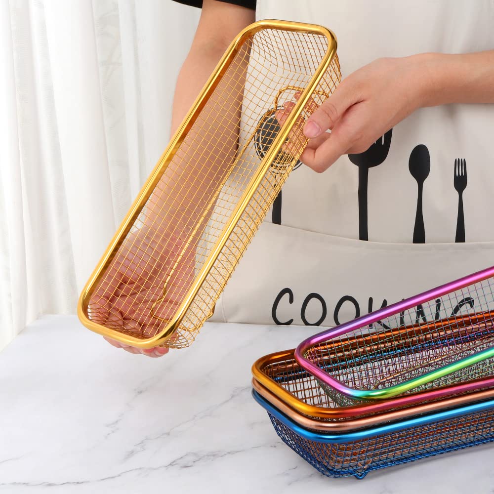 Kitchen Drawer Organizer, Buygo Stainless Steel Storage Container Gold Metal Cabinet Storage Basket For Holding Silverware Kitch