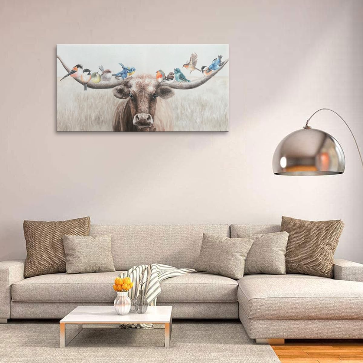 Yelash Living Room Wall Art Longhorn Cow With Birds Farm Canvas Painting For Brown Rustic Country Bathroom Decor 40 X 20