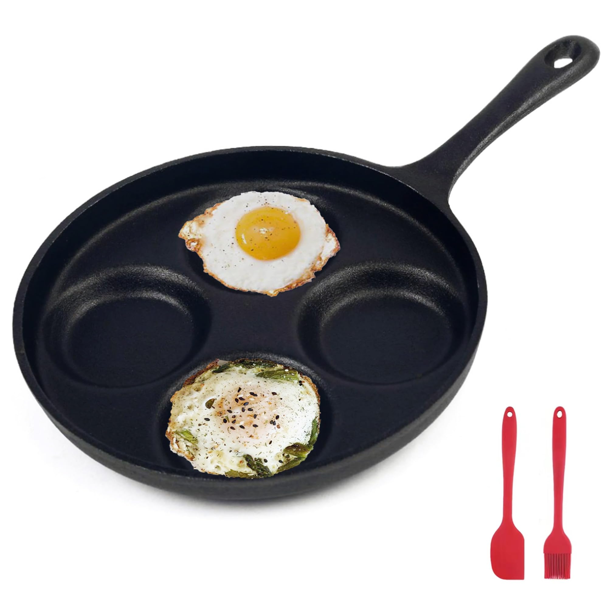 Waykea 4-Cup Cast Iron Fried Egg Pan 9.5    Pancake Pan Burger Omelet Cooker Griddle Egg Skillet For Breakfast, Kitchen Cookware