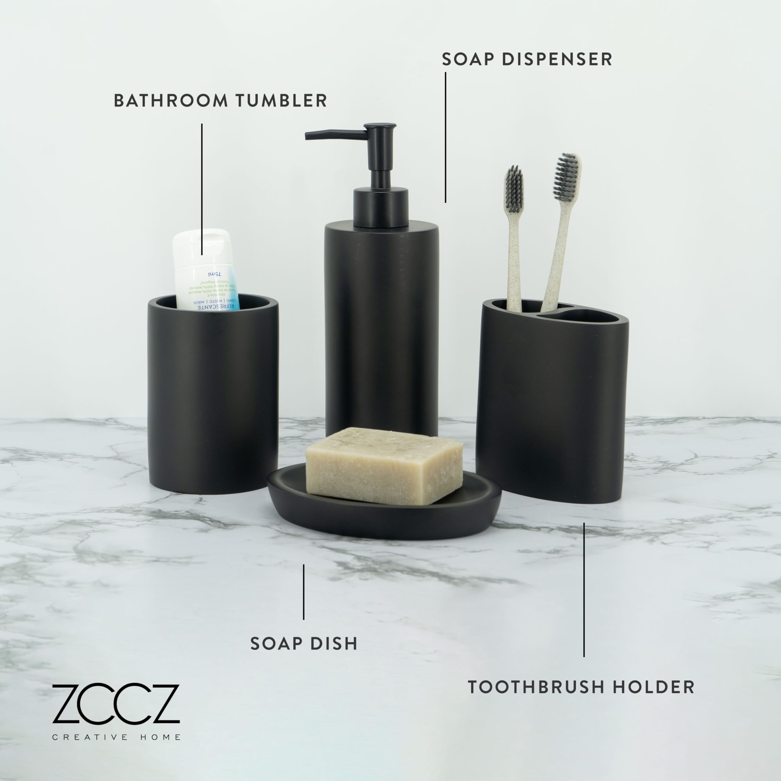 Zccz Bathroom Accessory Set, 4 Pcs Matte Black Bathroom Vanity Countertop Bathroom D  Cor Sets Accessories With Soap Dispenser,
