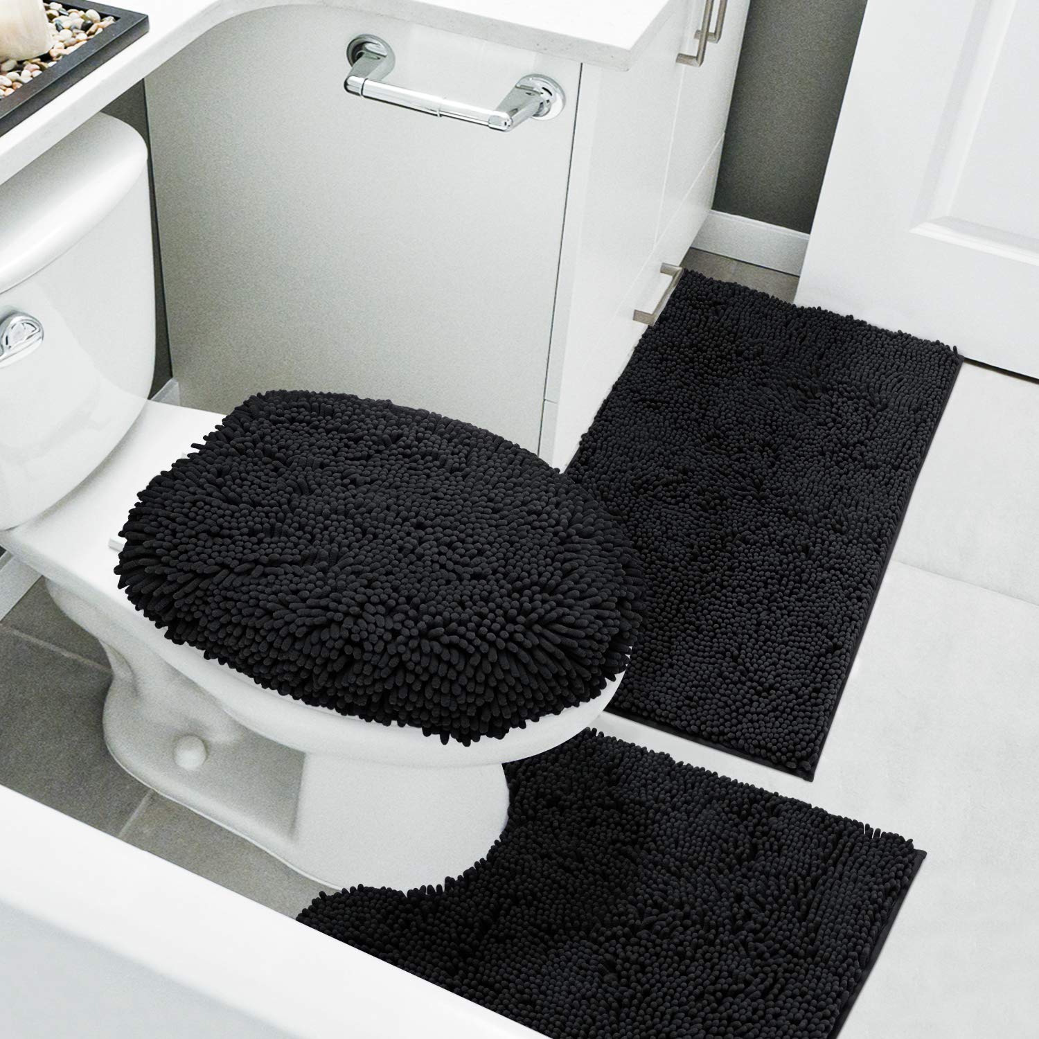 Homeideas 3 Pieces Black Bathroom Rugs Set, Ultra Soft Non Slip Bath Rug And Absorbent Chenille Bath Mat, Includes U-Shaped Cont