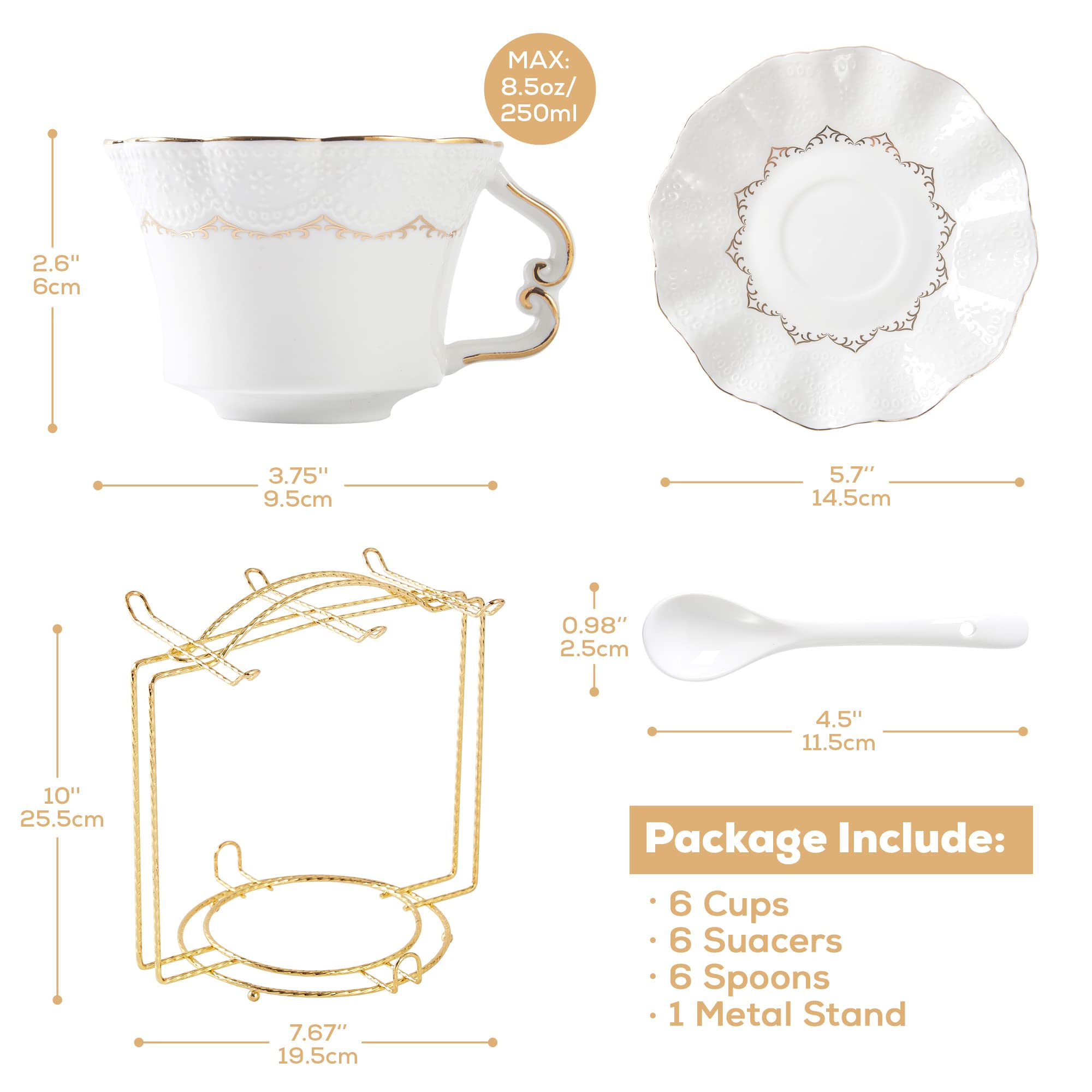 Dujust Tea Cups And Saucers With Golden Trim,Set Of 6 (8.5 Oz), Luxury Relief Printing Coffee Cups With Metal Stand, British Roy