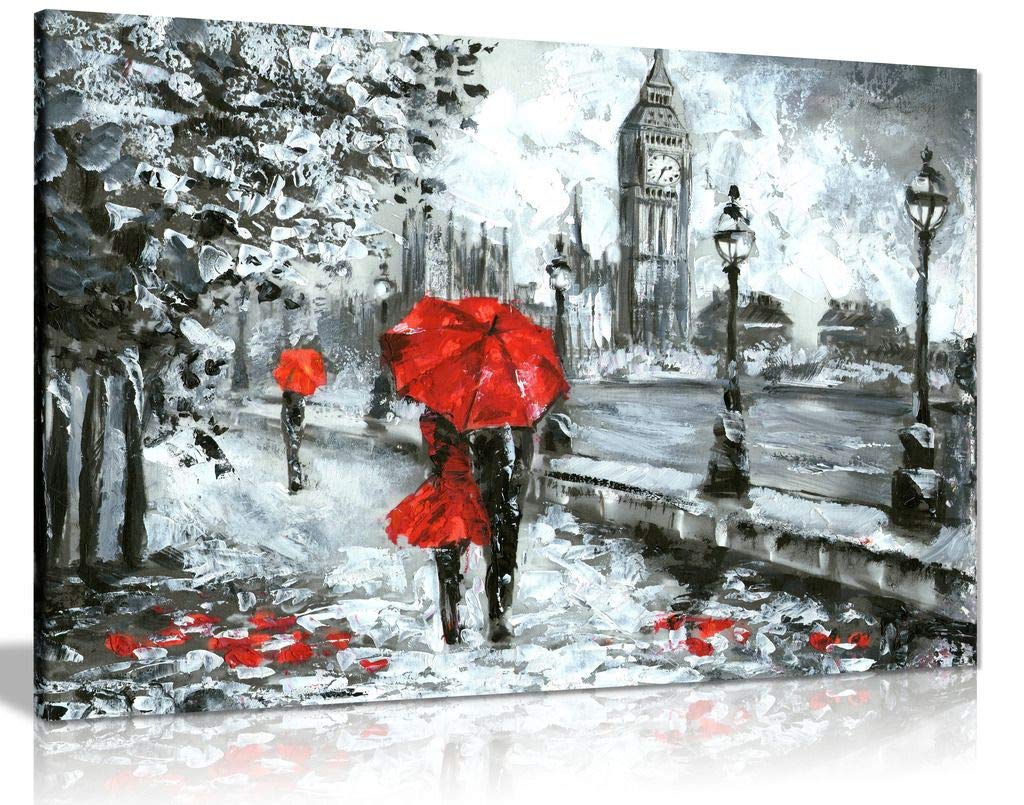 Oil Painting Street View London Black White & Red Big Ben Canvas Wall Art Print (36X24In)