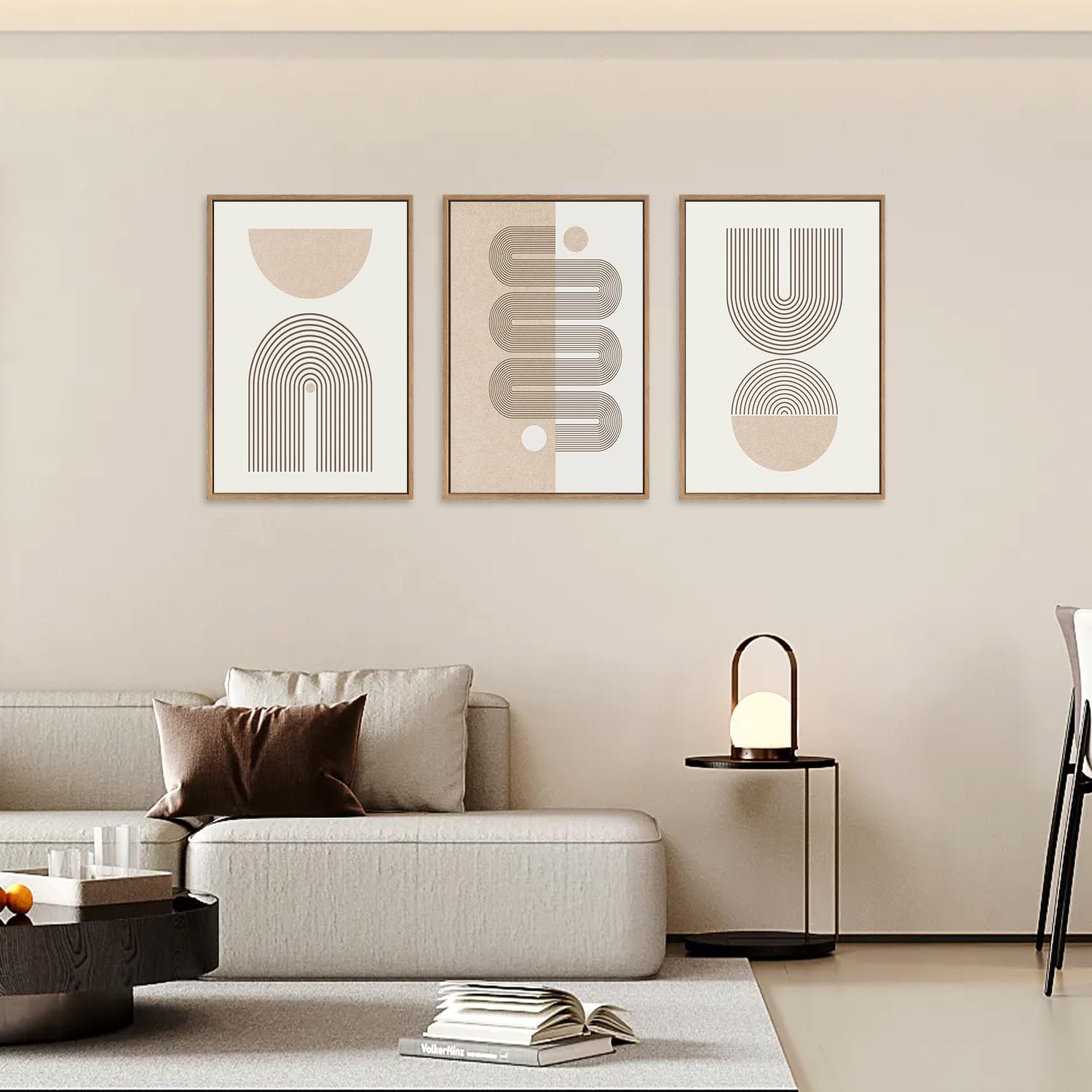 Chditb Framed Boho Wall Art Set Of 3, 24''X36'' Beige Mid Century Modern Wall Decor, Abstract Geometric Line Wall Painting, Larg