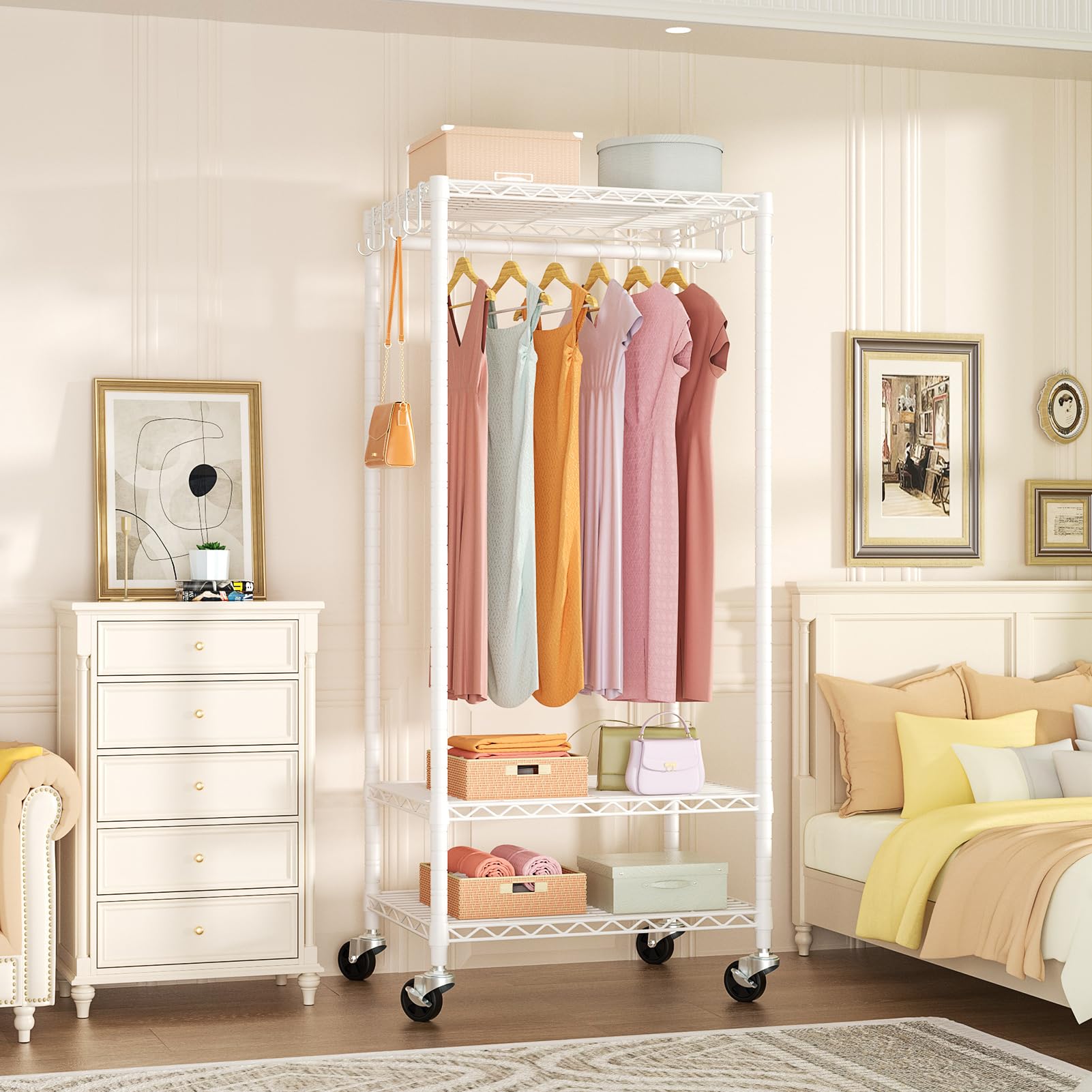 Futassi P6 Mini Rolling Clothes Rack Heavy Duty, Clothing Racks For Hanging Clothes, Freestanding Garment Rack With Wheels, Port