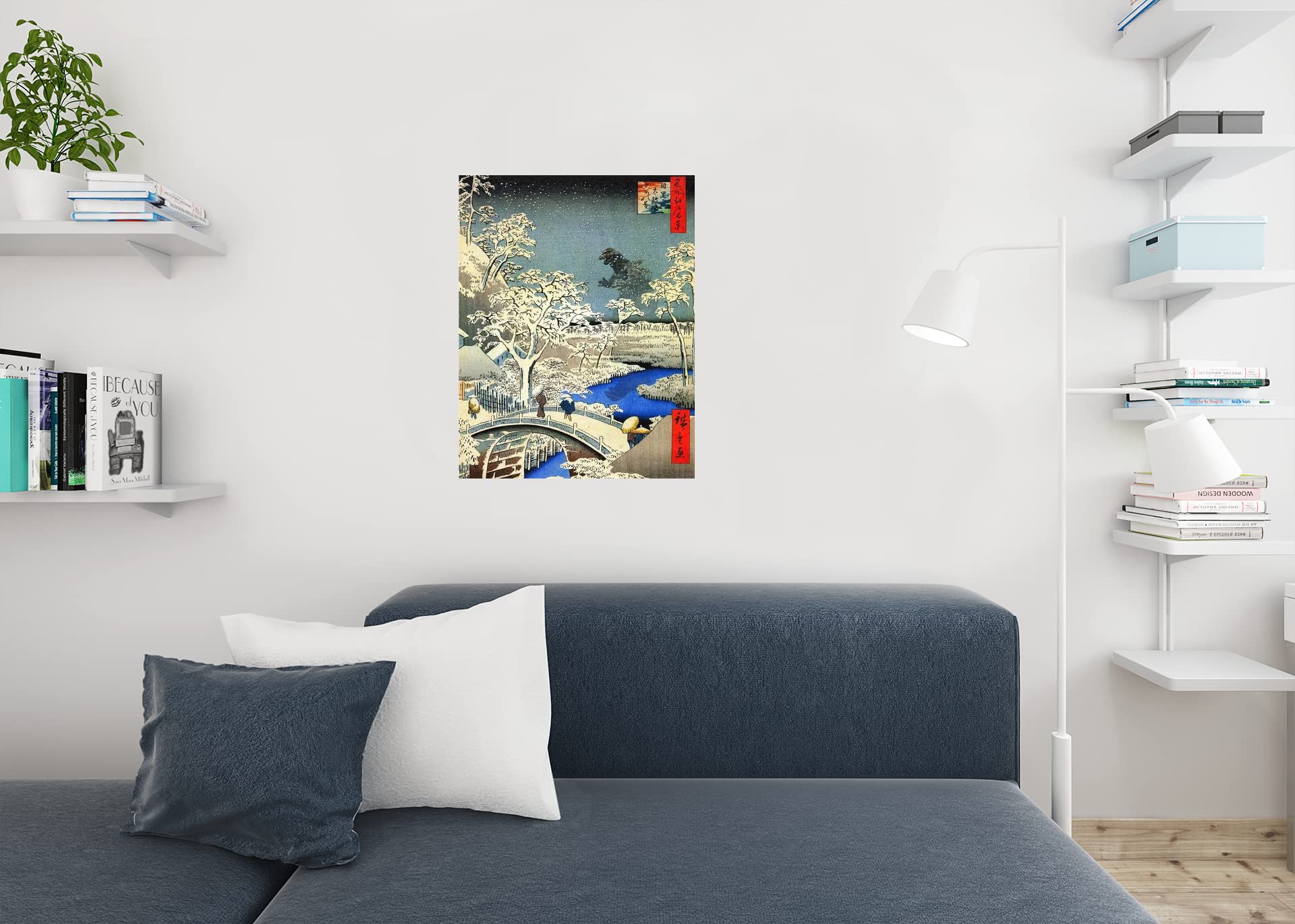 Hiroshige Kaiju Monster At Bridge Funny Poster Meguro Drum Bridge Painting Parody Utagawa Hiroshige Art Humor Cool Wall Art Prin