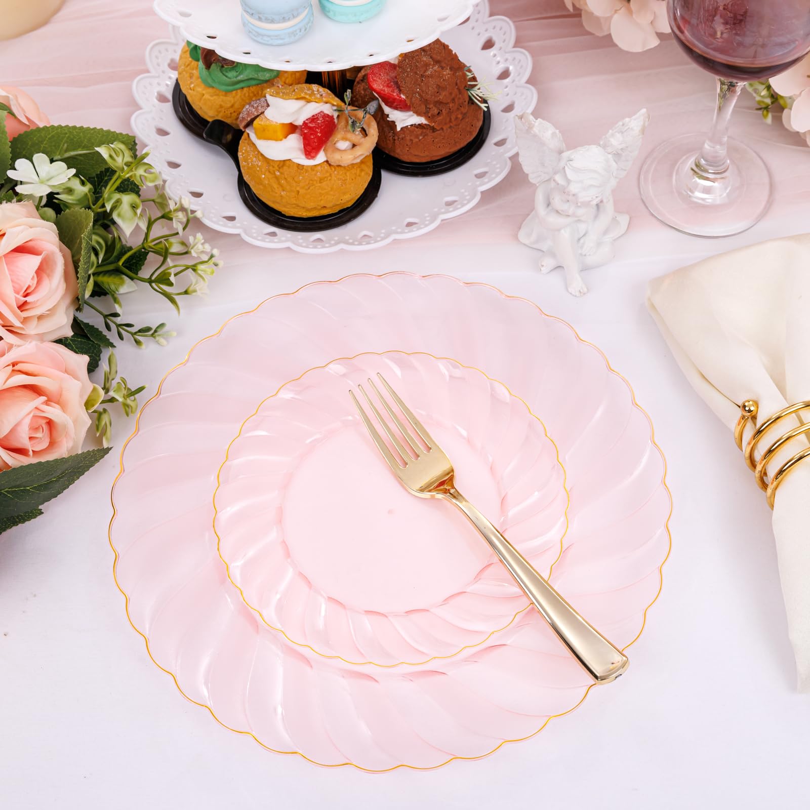 Youbet 125Pieces Clear Pink Plastic Plates With Gold Rim-Gold Plastic Silverware Include 25 Dinner Plates 25 Dessert Plates 75 G