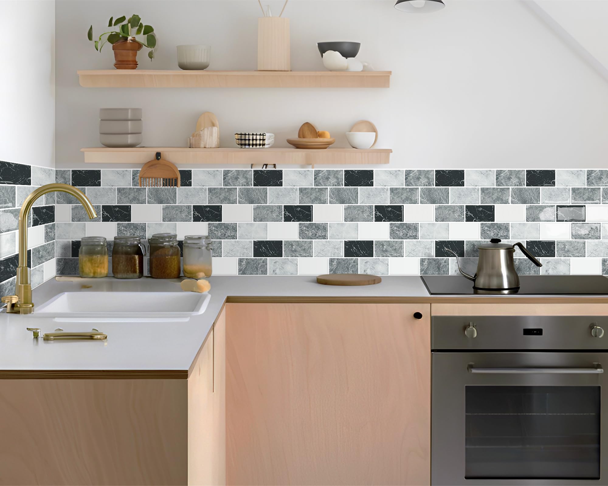 Dewoo 10-Sheet Stick On Backsplash Tiles For Kitchen,12''X12'' Peel And Stick Backsplash Self Adhesive Wall Tile Marble Look